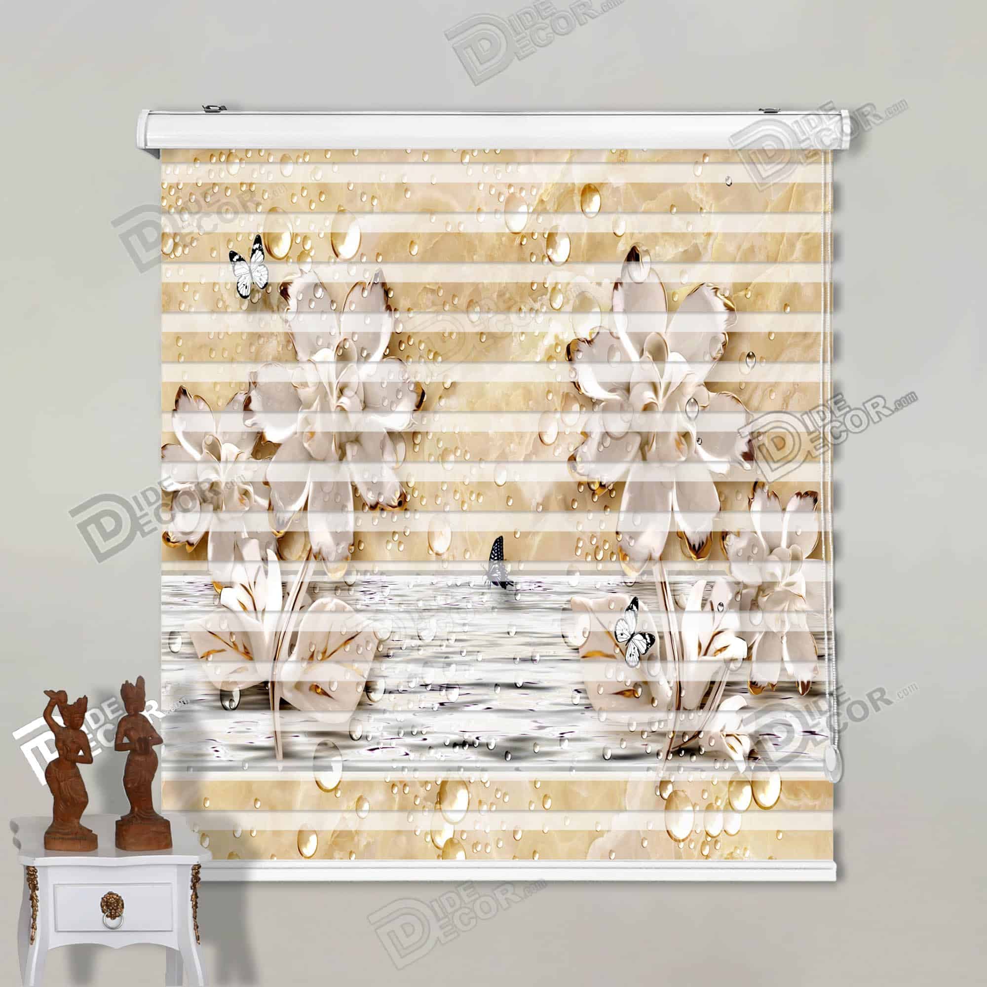 پرده زبرا تصویری چاپی گل های سه بعدی کرم رنگ با لبه طلایی و دریاچه و پروانه و قطره باران 3DF-67