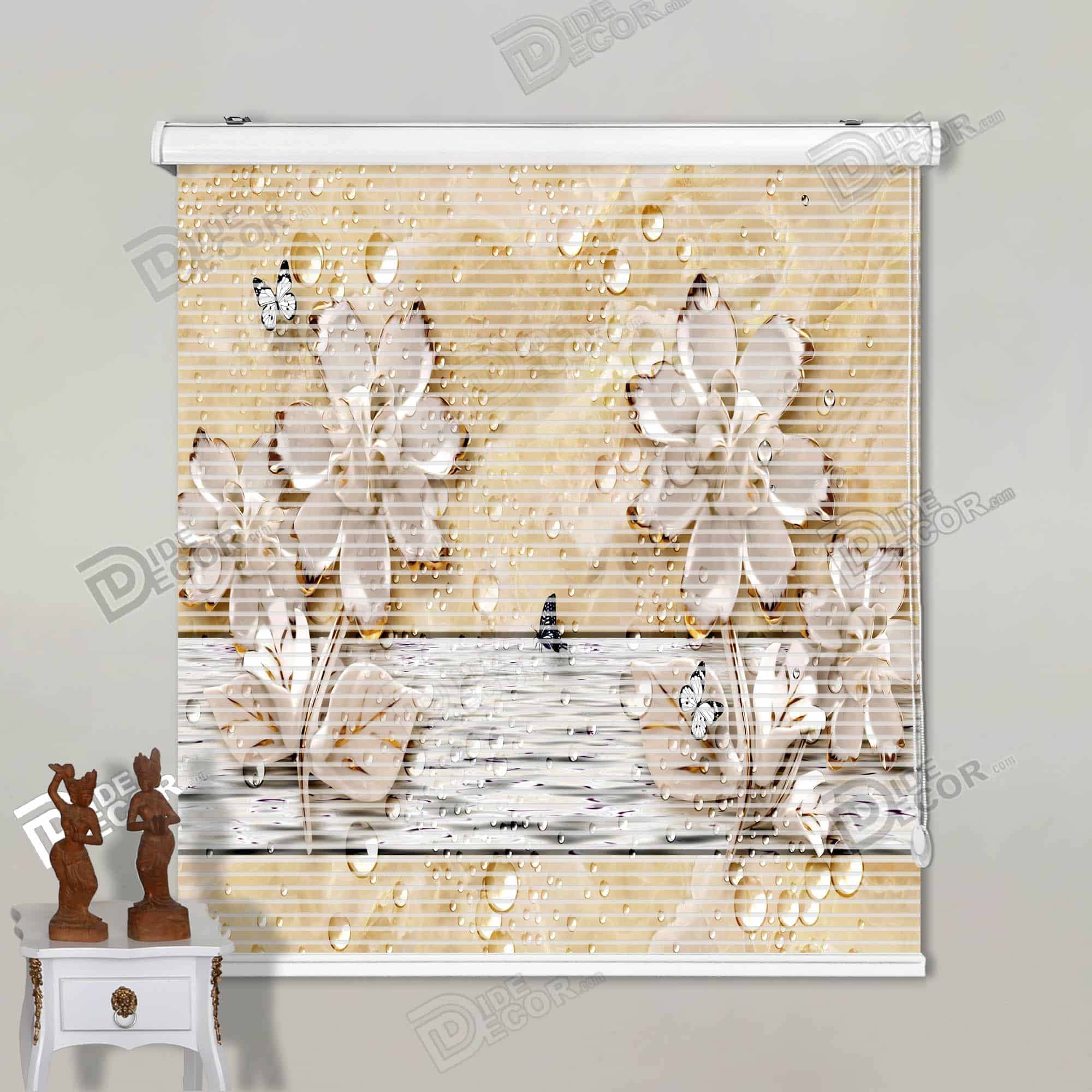 پرده زبرا تصویری چاپی گل های سه بعدی کرم رنگ با لبه طلایی و دریاچه و پروانه و قطره باران 3DF-67