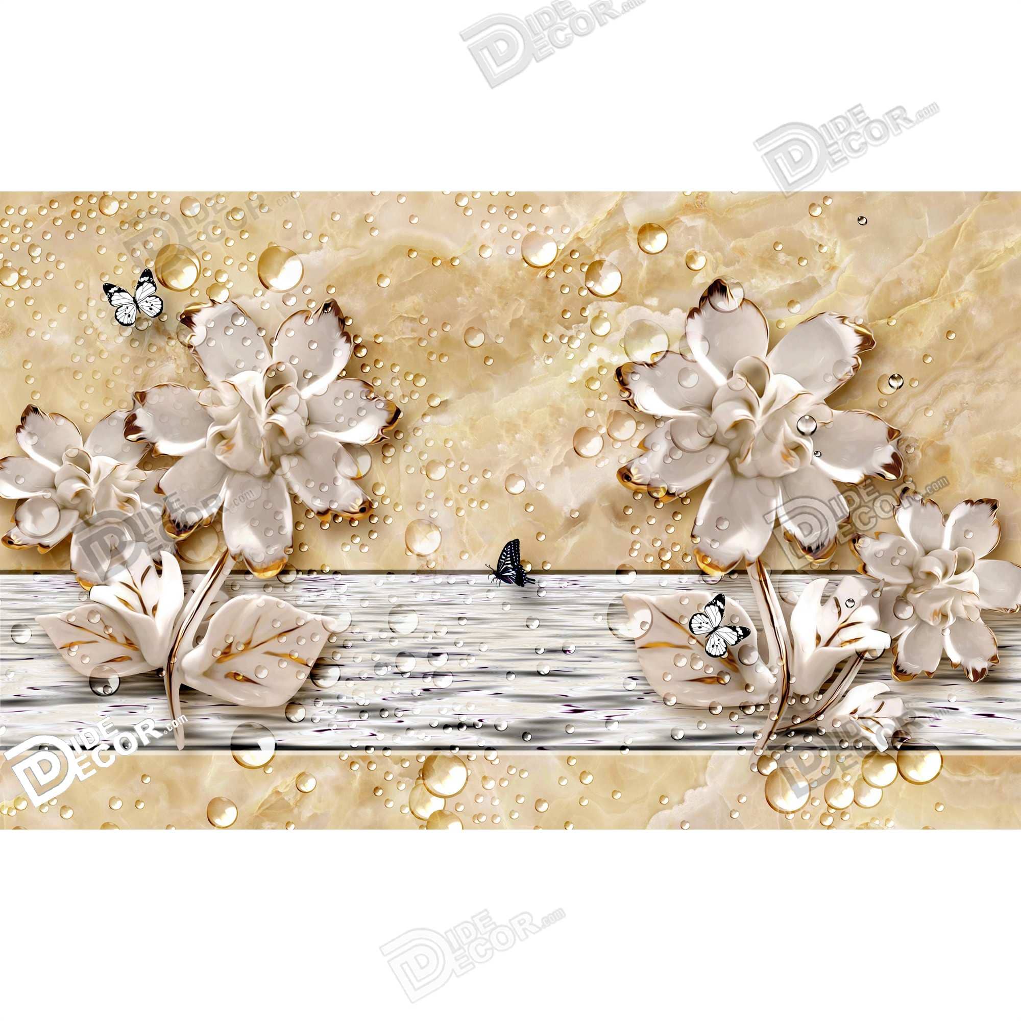 گل های سه بعدی کرم رنگ با لبه طلایی و دریاچه و پروانه و قطره باران 3DF-67