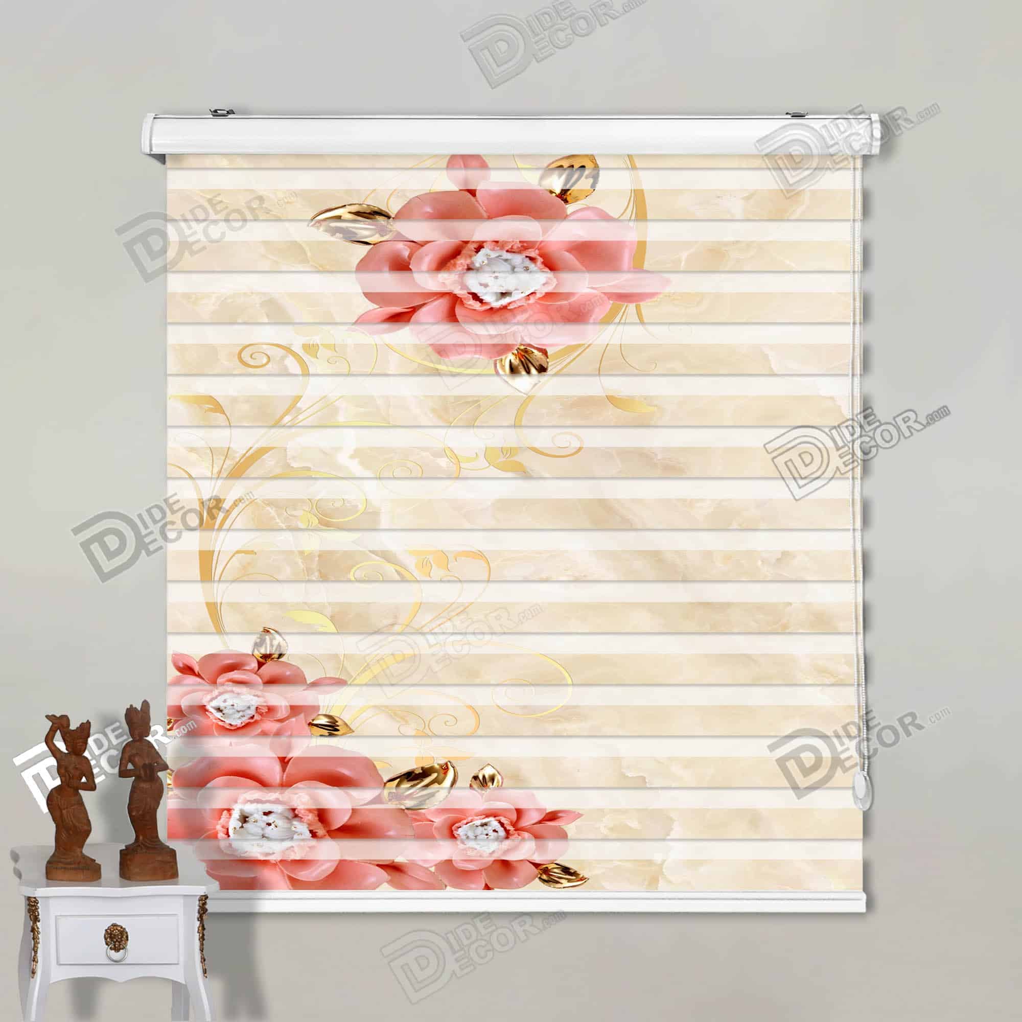 پرده زبرا تصویری چاپی گل سه بعدی قرمز - حنایی با برگ طلایی و زمینه سنگ مرمر کرم روشن 3DF-068