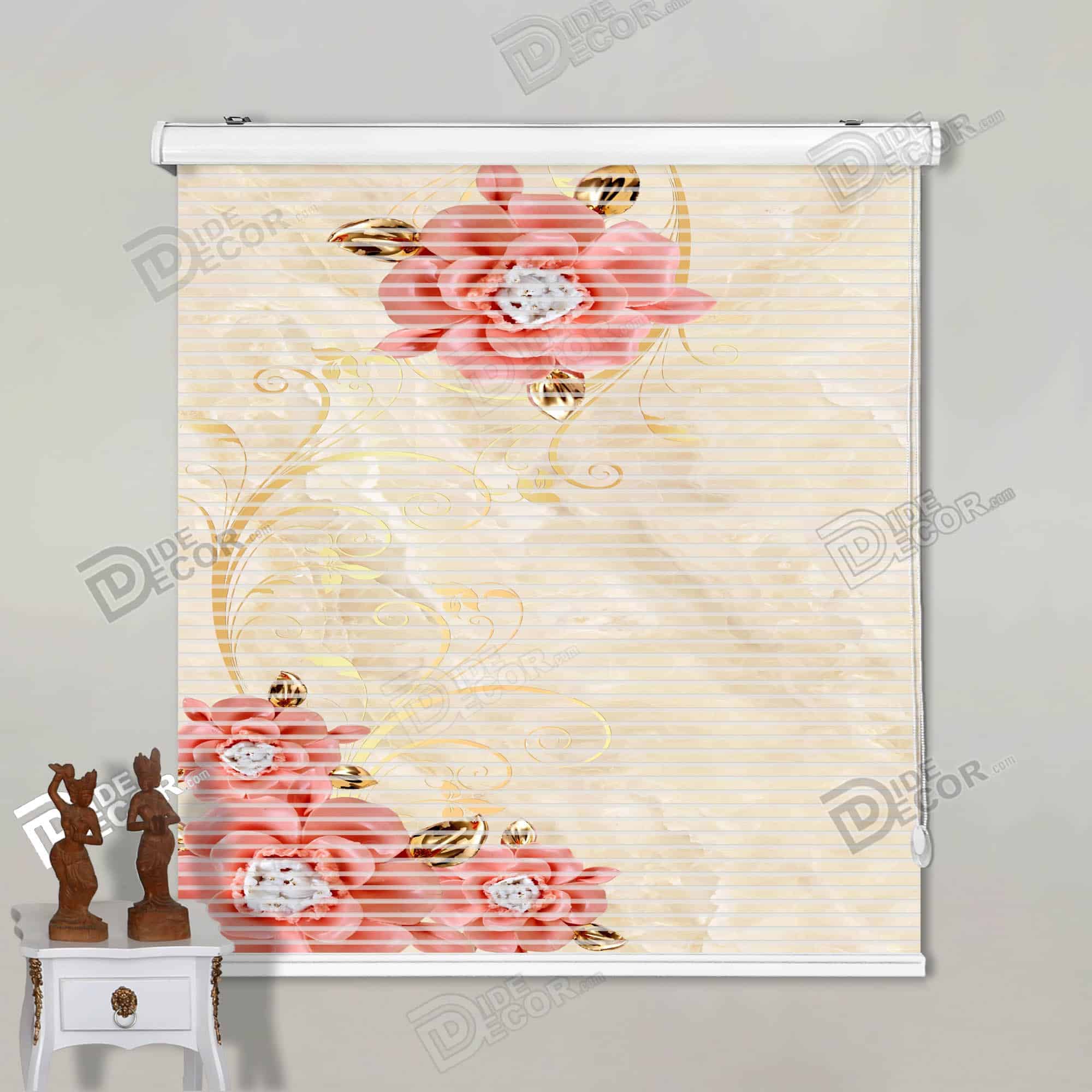 پرده زبرا تصویری چاپی گل سه بعدی قرمز - حنایی با برگ طلایی و زمینه سنگ مرمر کرم روشن 3DF-068
