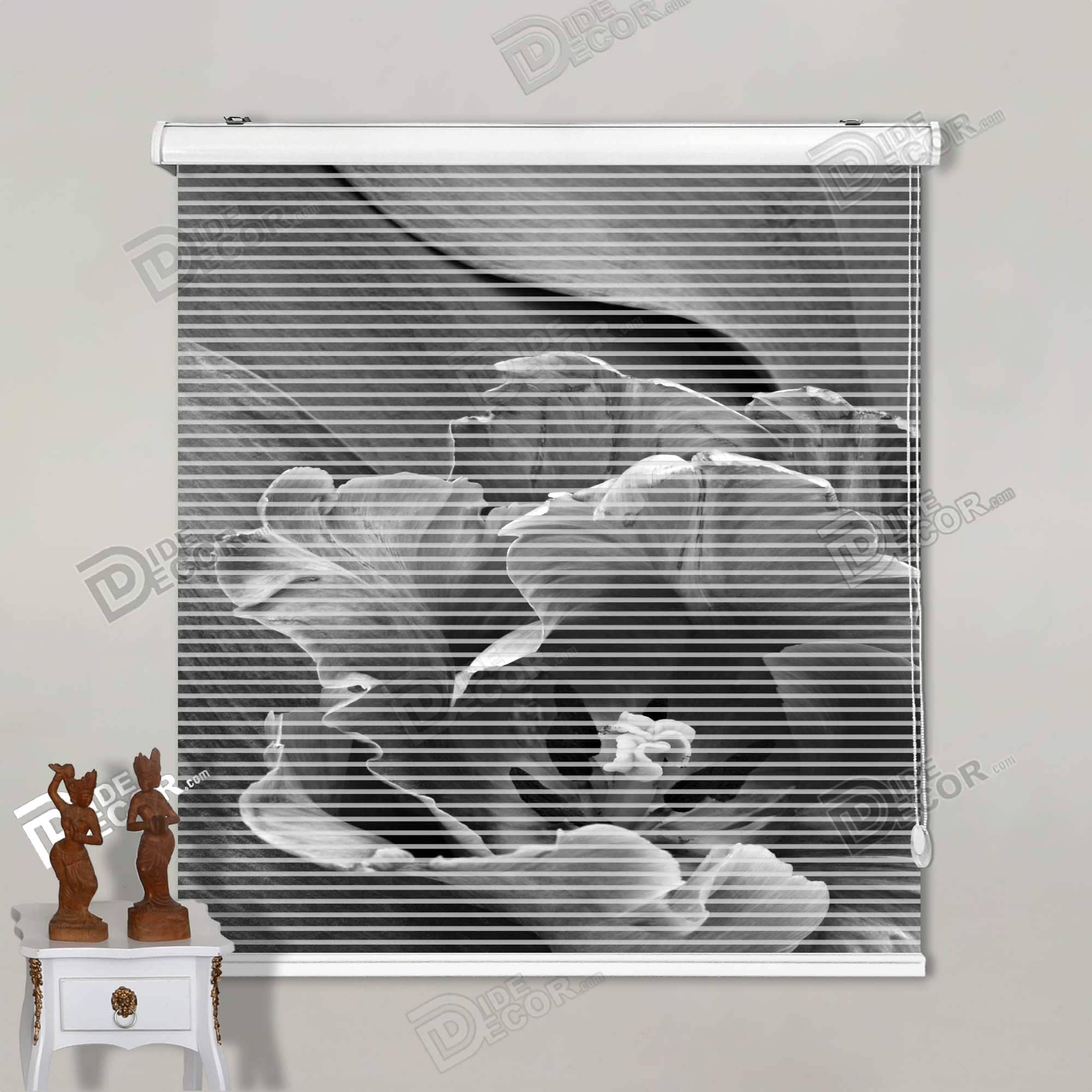 پرده زبرا تصویری چاپی گلدار با تصویر گل شیپوری مشکی و پس زمینه سیاه کد 3DF-125