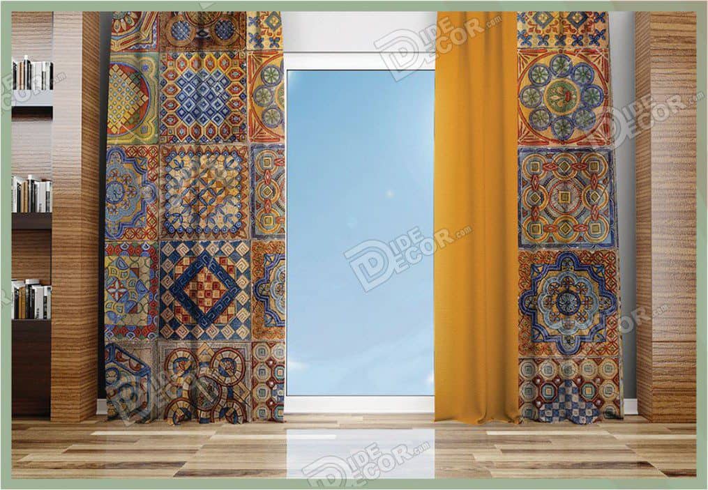 پرده پانچ کلاسیک کد P-35 با طرح دایره و مربع و رنگ خردلی