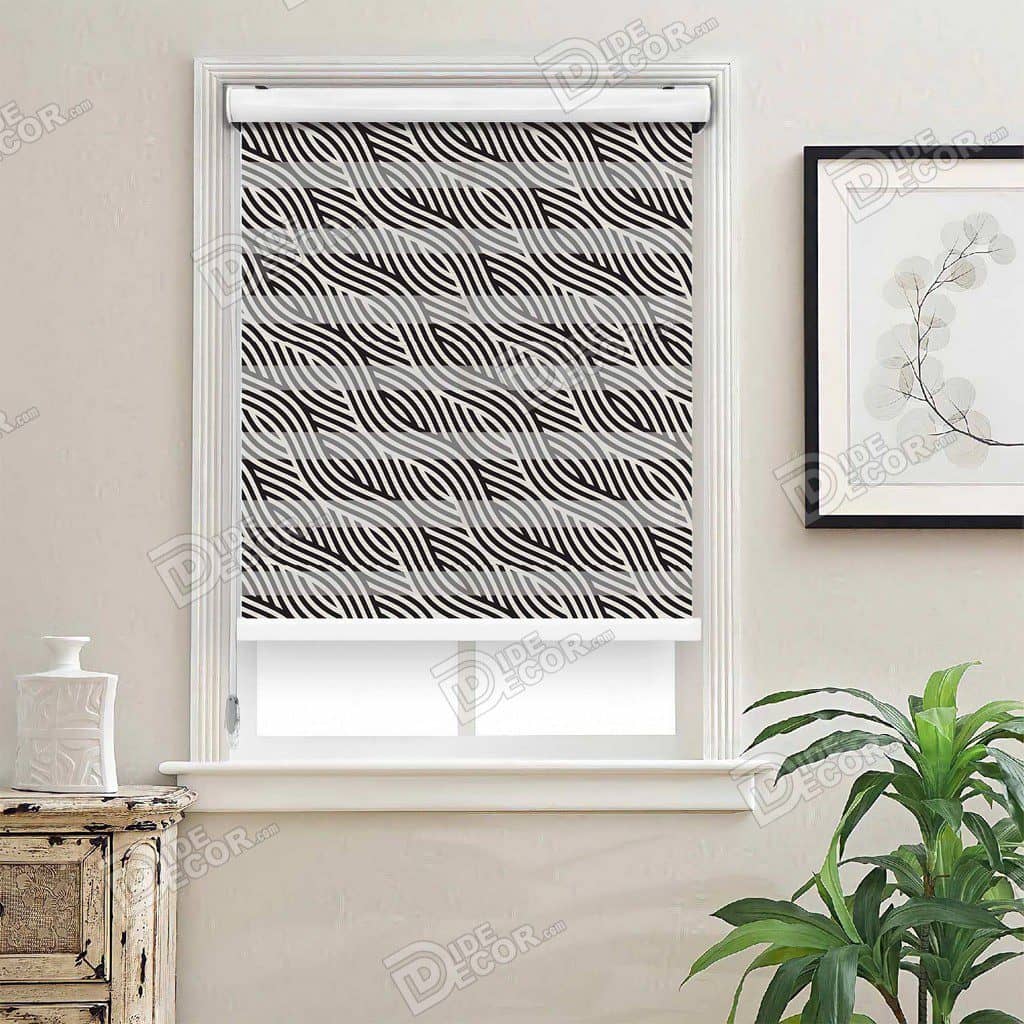 پرده زبرا چاپی طرح دار کد ZMP-620 با خطوط مورب موج دار به رنگ سیاه و سفید