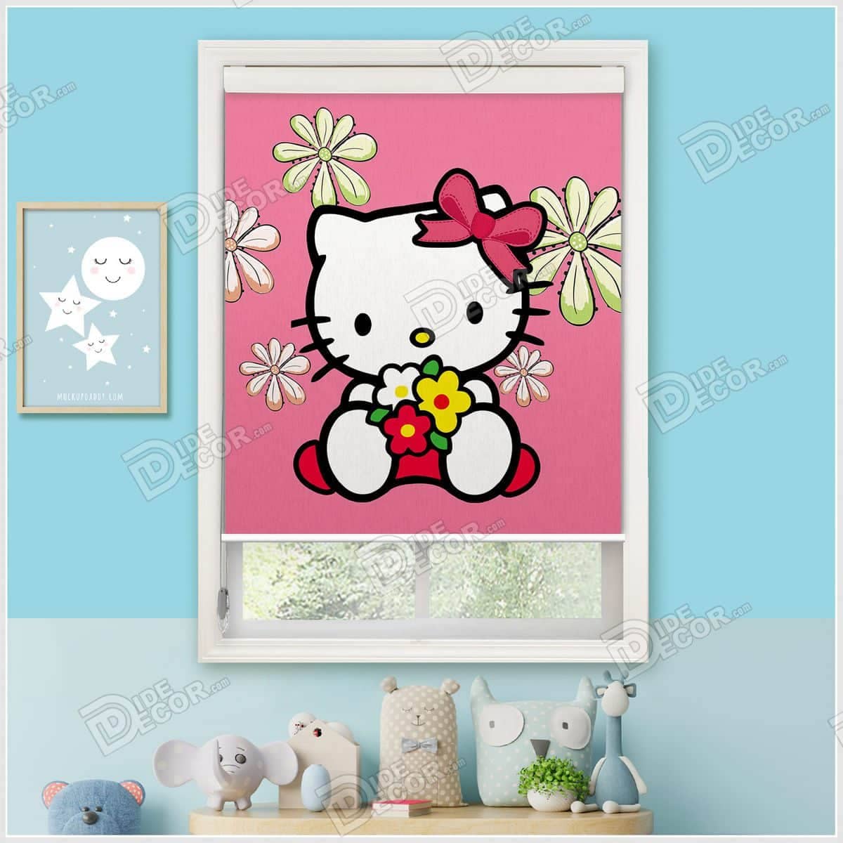 پرده شید کودک کد SKP-28 با تصویر کارتون گربه هلو کیتی hello kitty رنگ صورتی مناسب اتاق خواب دخترانه