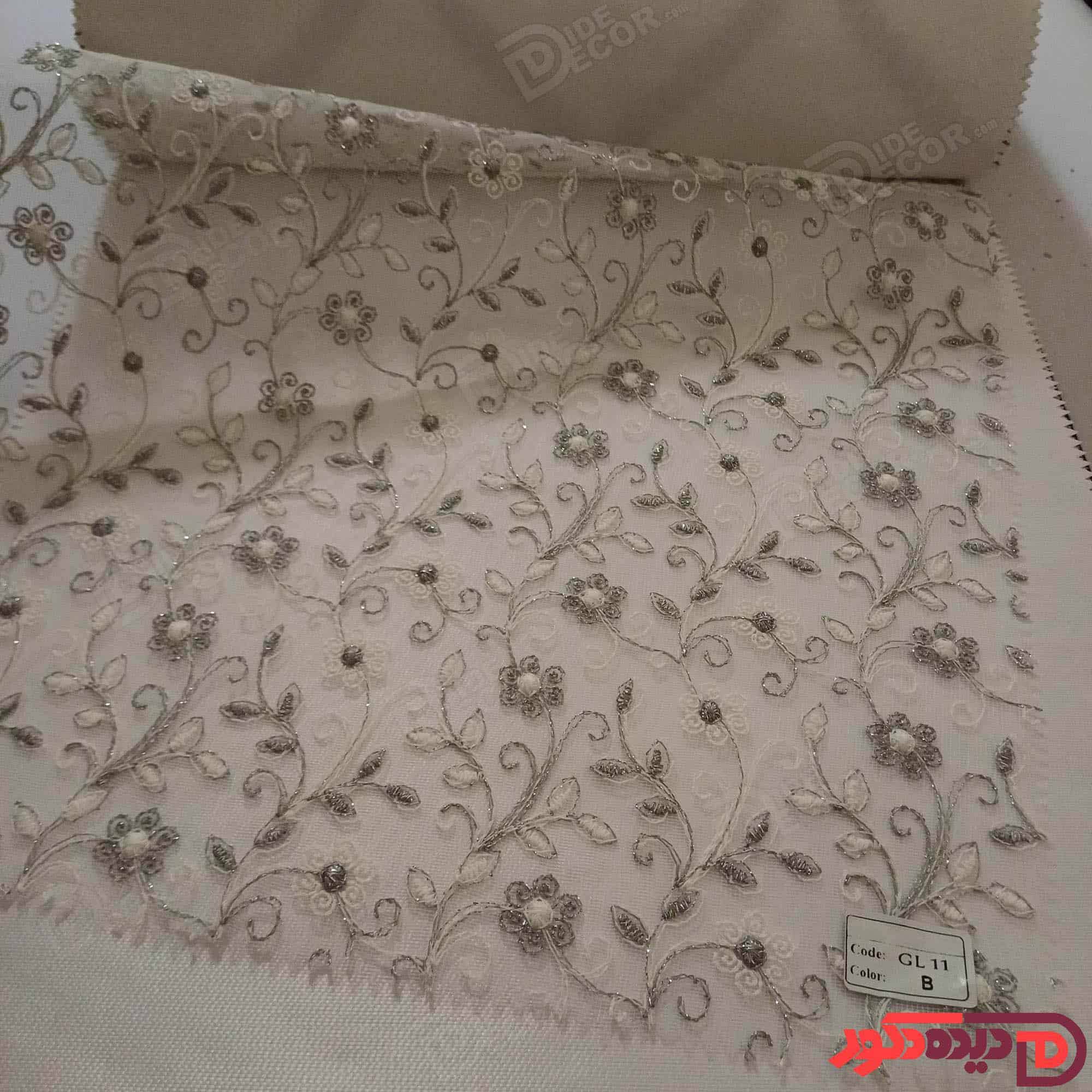 پرده شب و روز گل‌دوزی برجسته طوسی سفید کد GL11B