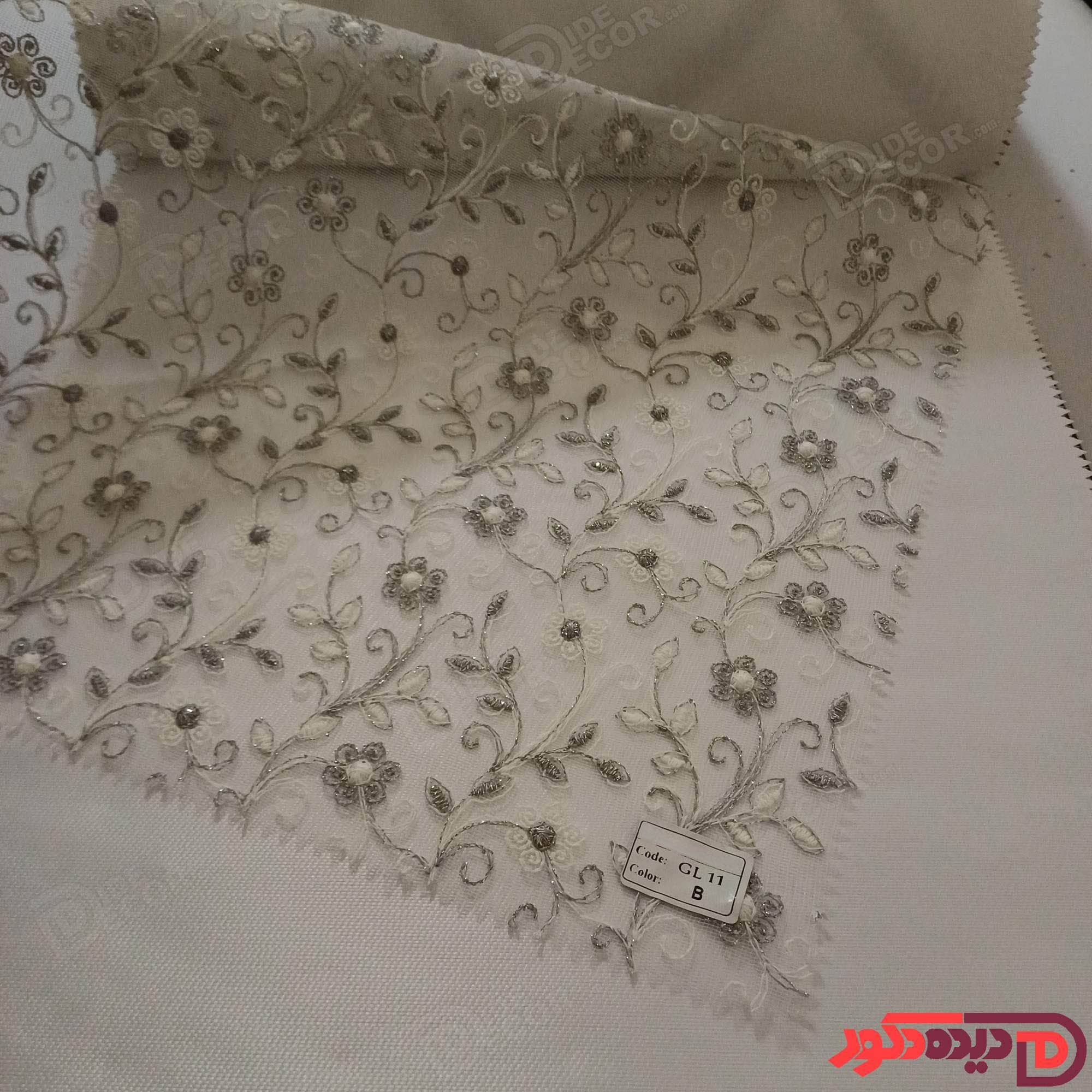 پرده شب و روز گل‌دوزی برجسته طوسی سفید کد GL11B