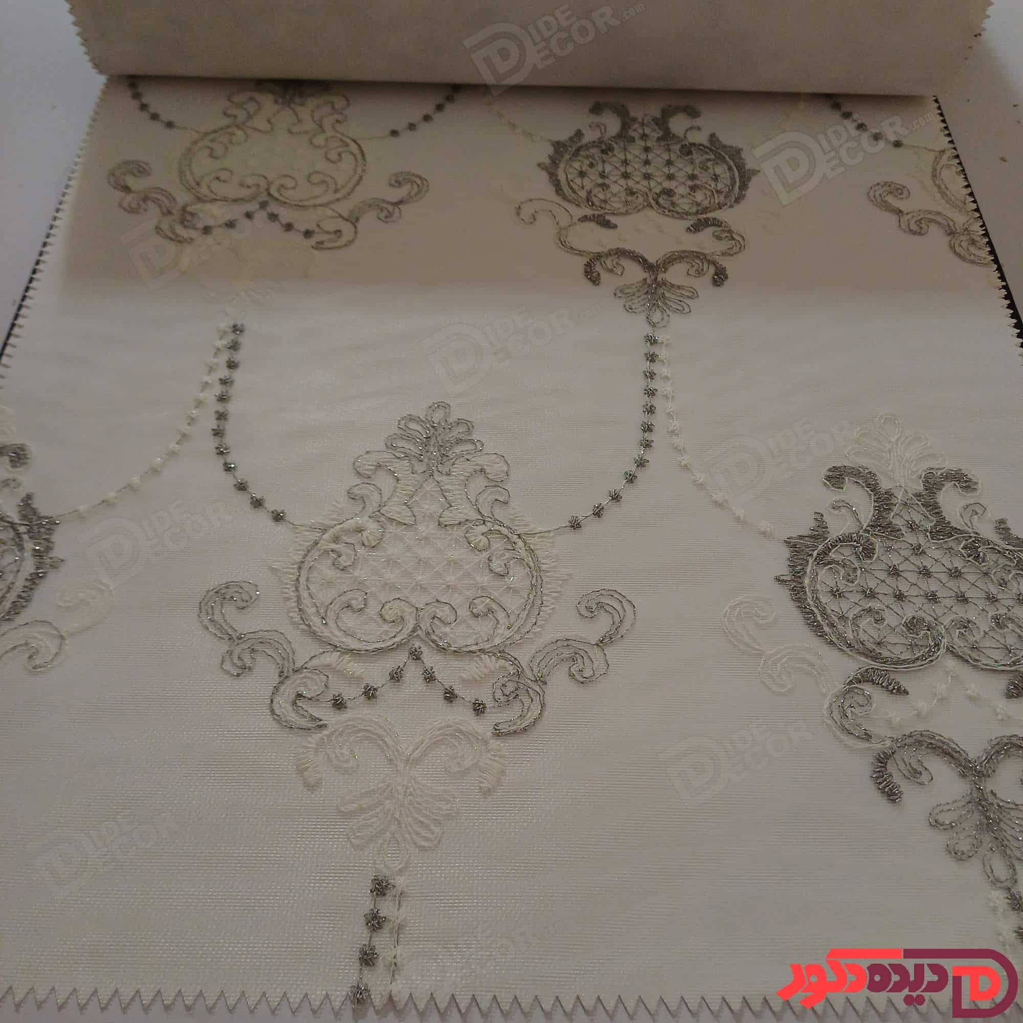 پرده شب و روز گل‌دوزی برجسته طوسی سفید کد GL12B
