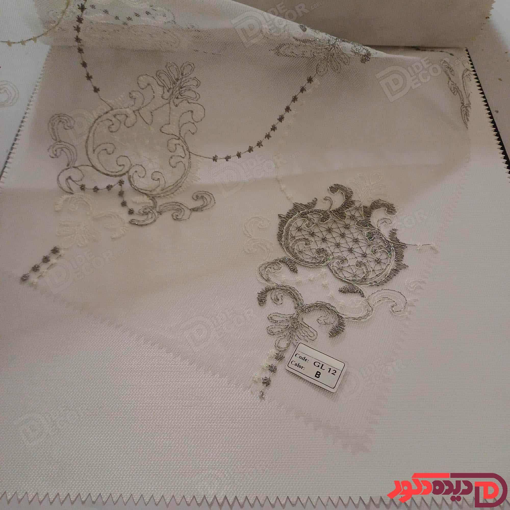 پرده شب و روز گل‌دوزی برجسته طوسی سفید کد GL12B