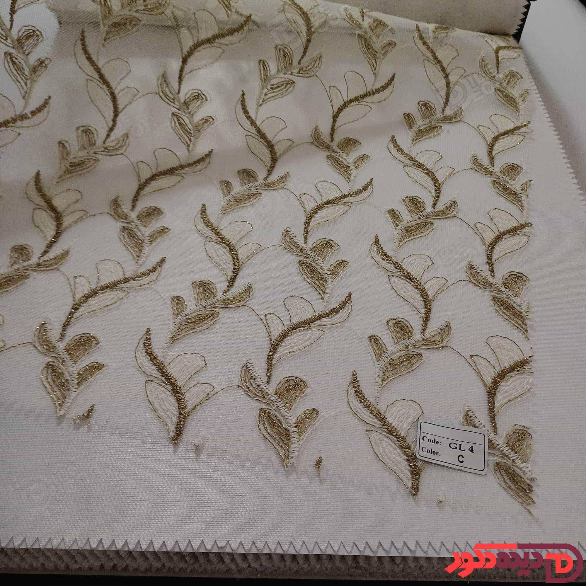 پرده شب و روز گل‌دوزی برجسته طلایی سفید کد GL4C