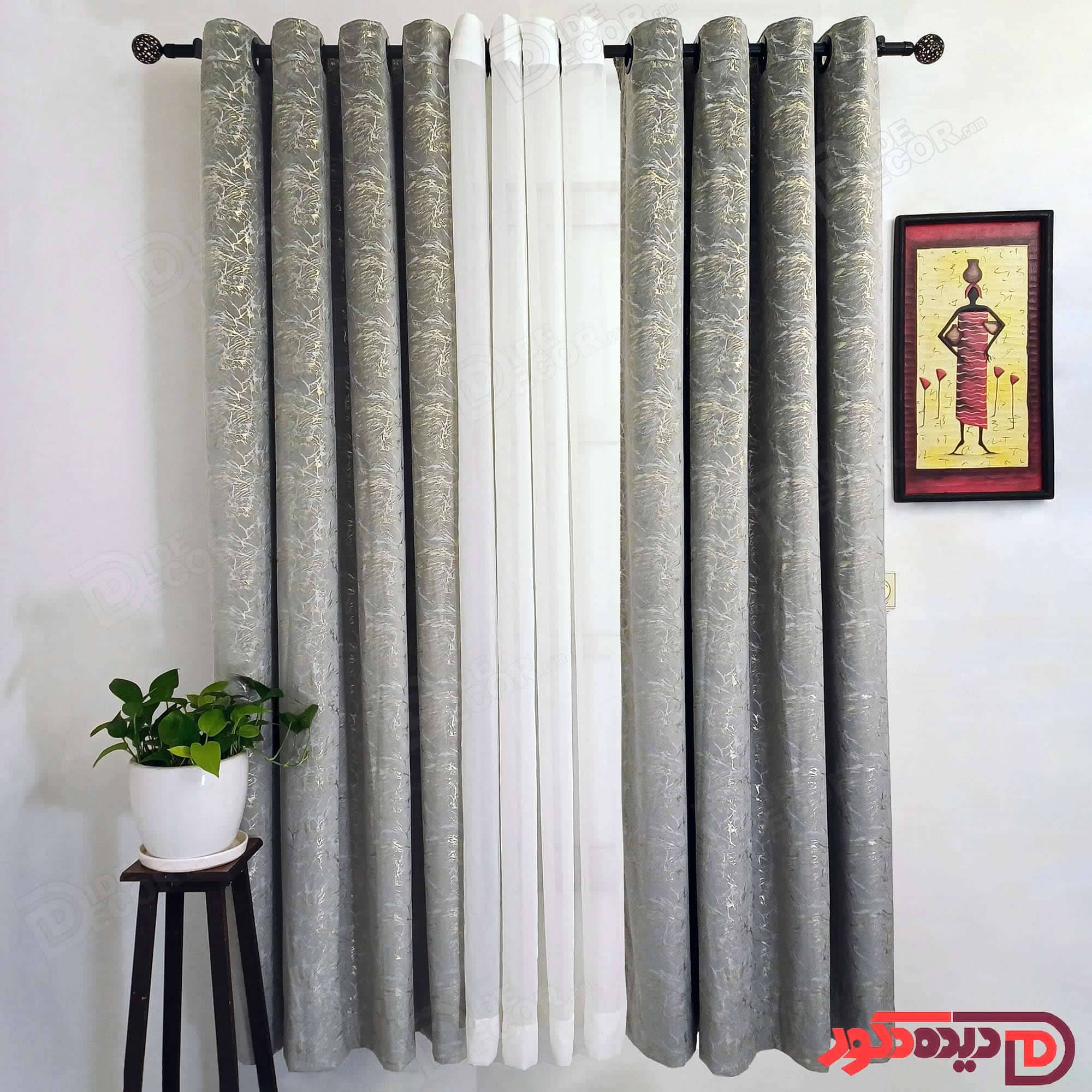 پرده مخمل طلاکوب پانچ طوسی نقره ای کد BR270