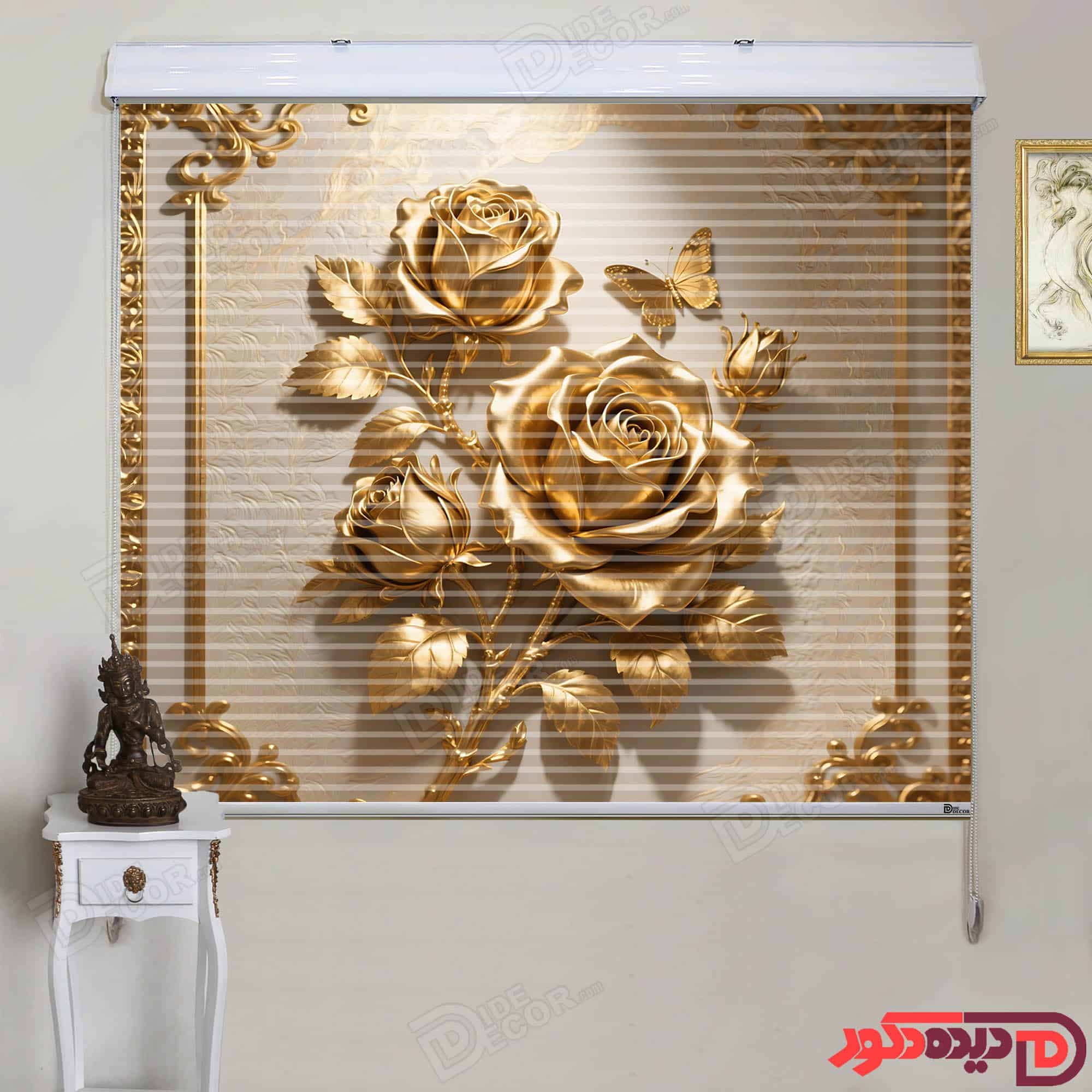 پرده زبرا دومکانیزم تصویری چاپی گل رز طلایی کد AZD-35