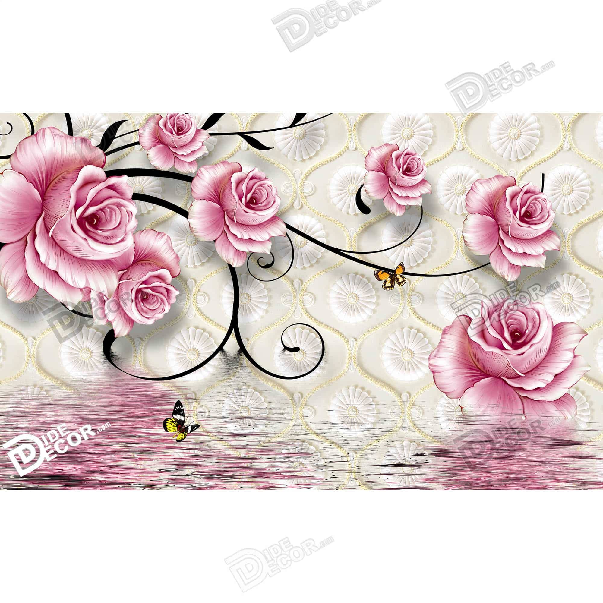 پرده زبرا تصویری کد 3DF-100 چاپ عکس سه بعدی گل های رز سرخابی و موج‌های آب و پروانه رنگ زمینه سرخابی