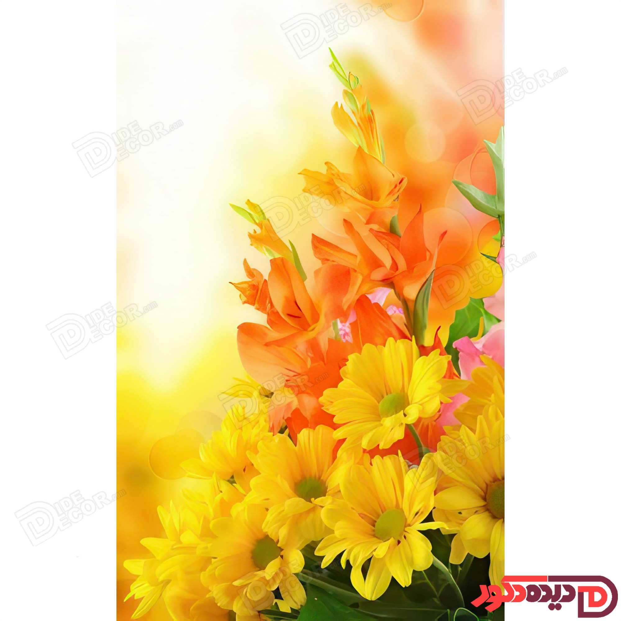 پرده زبرا دومکانیزم کد AZD-114 با طرح گل‌های زرد و نارنجی، مناسب برای فضایی همچون اتاق خواب یا پذیرا