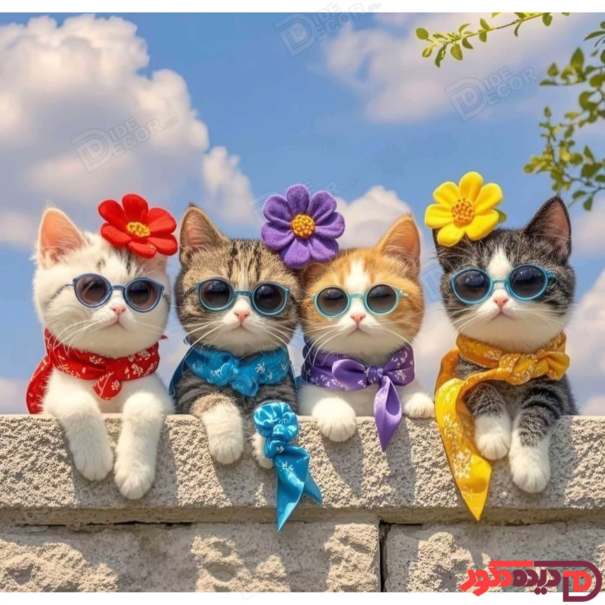 این پرده زبرا با طرح چهار گربه با عینک دودی و گل‌های رنگی، مناسب برای اتاق کودک است و دارای رنگ‌های 