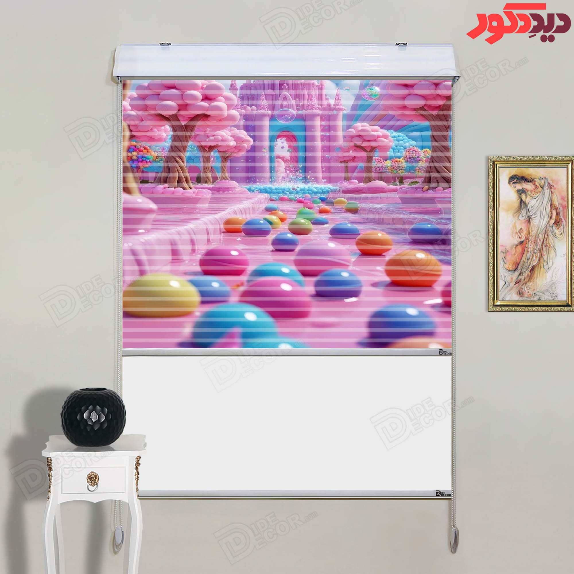 پرده زبرا دومکانیزم کد KZD-050 با طرح قلعه‌ای زیبا در میان درختان گل‌دار و حباب‌های رنگی، مناسب اتاق