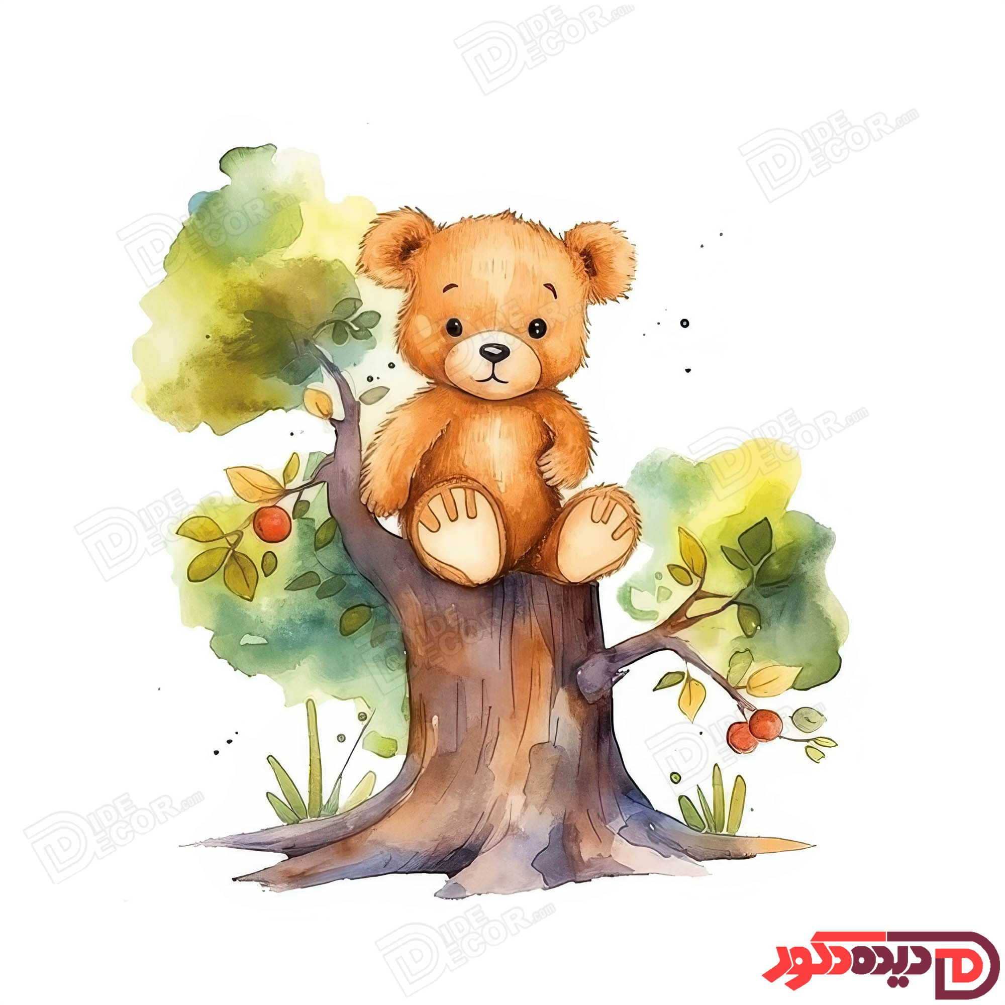 پرده زبرا دومکانیزم کد KZD-057 با طراحی تصویری خرس قهوه‌ای روی درخت و رنگ‌های ملایم سبز و قهوه‌ای، م