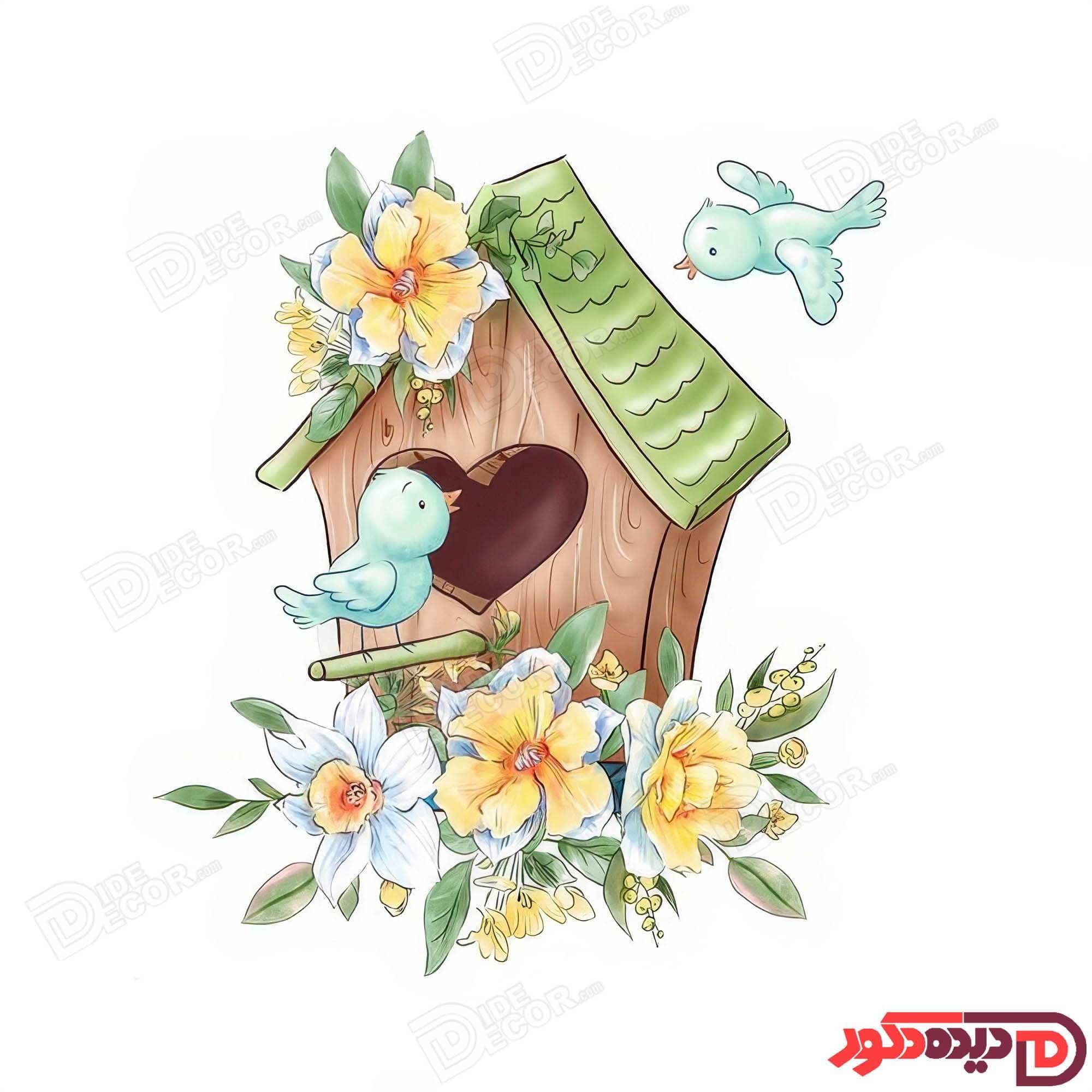 این پرده زبرا دومکانیزم کد KZD-059 با طراحی خانه پرندگان و گل‌های زرد و سبز، مناسب برای اتاق خواب کو