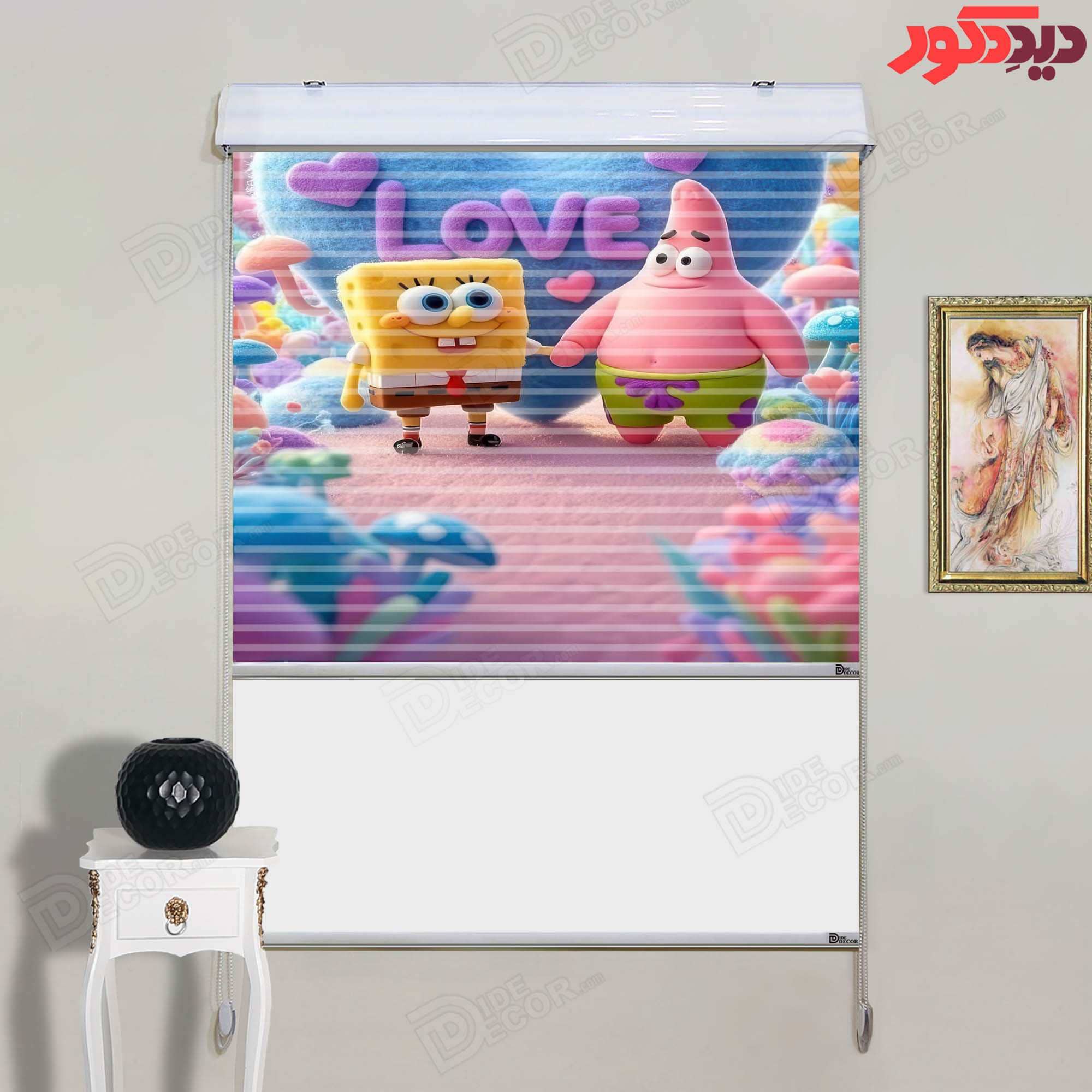 این پرده زبرا دومکانیزم کد KZD-064 با طرح شخصیت‌های انیمیشنی شامل اسفنجی باب و پاتریک و رنگ‌های شادا