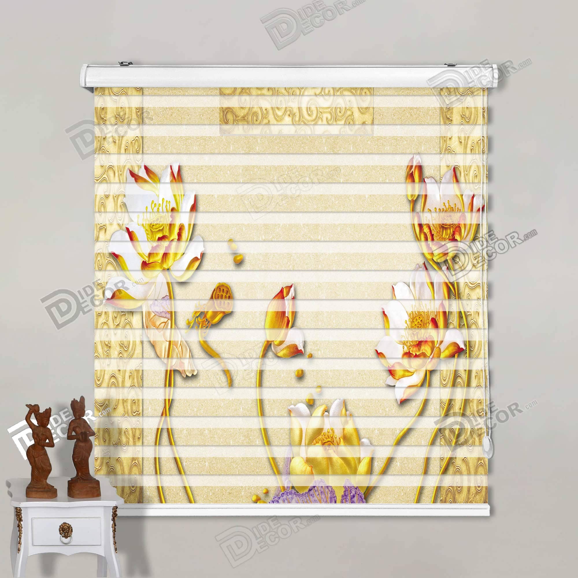 پرده زبرا چاپی تصویری کد 3DF-013 با طرح و عکس گل نیلوفر طلایی