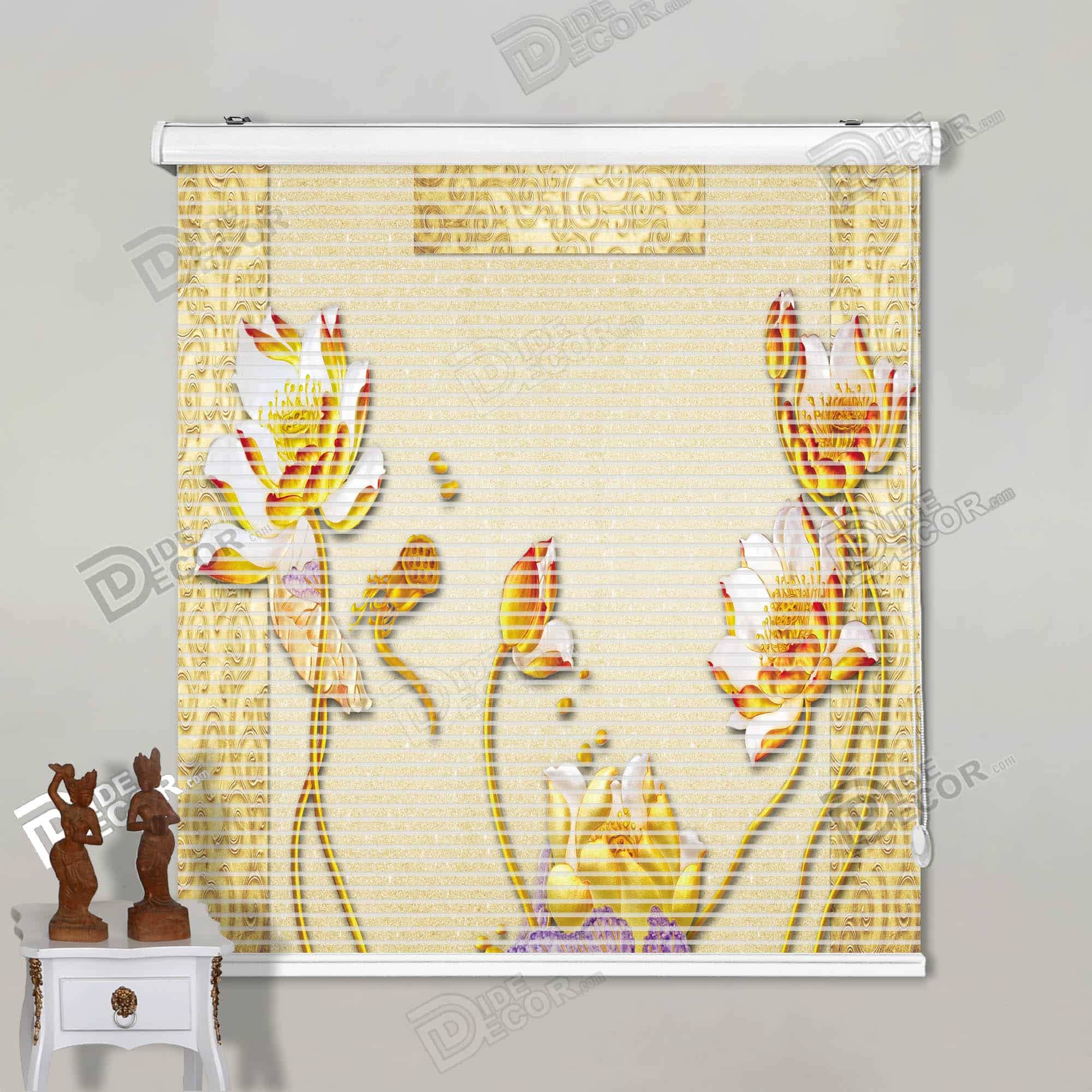 پرده زبرا چاپی تصویری کد 3DF-013 با طرح و عکس گل نیلوفر طلایی