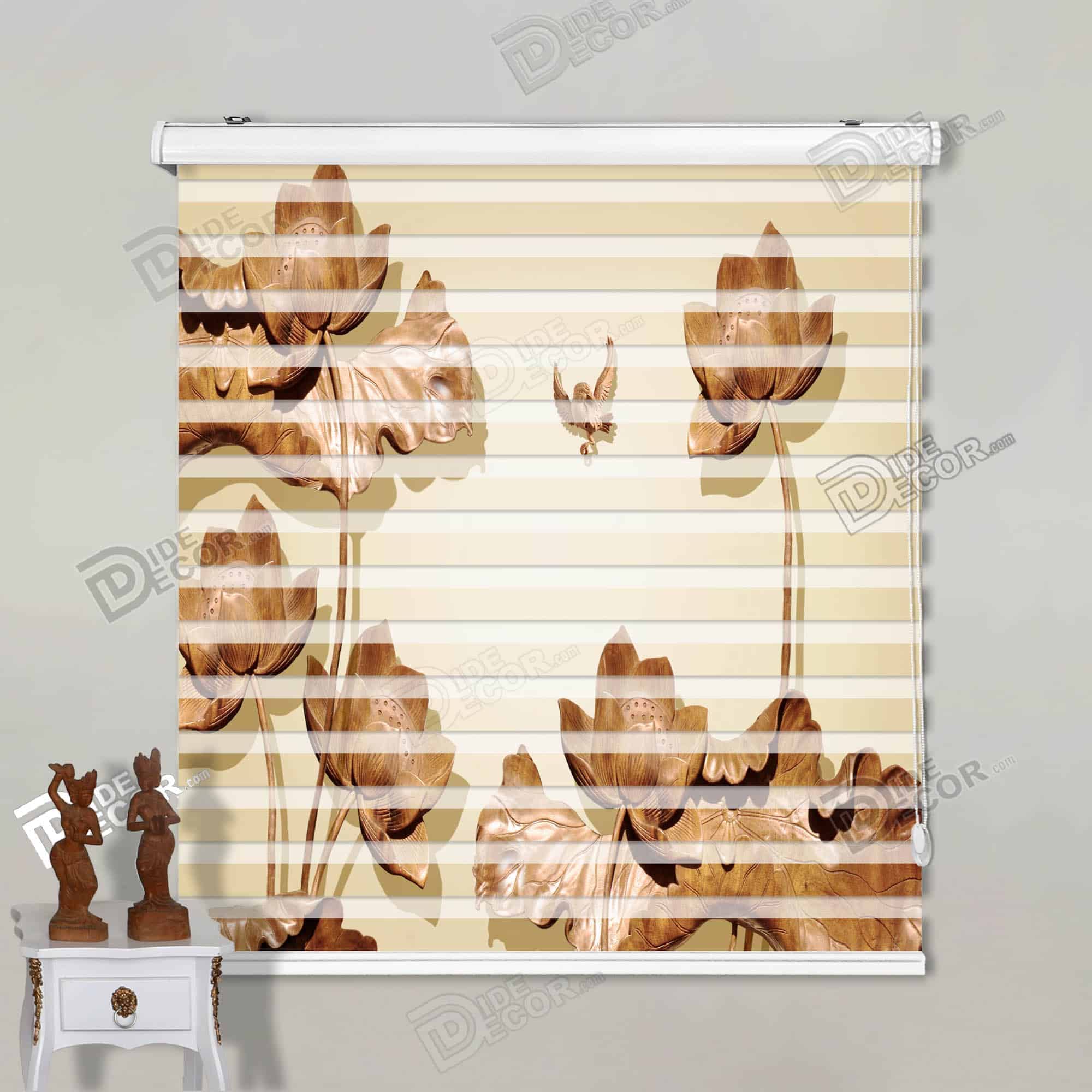 پرده زبرا تصویری گل نیلوفر و کبوتر قهوه‌ای کد 3df-046