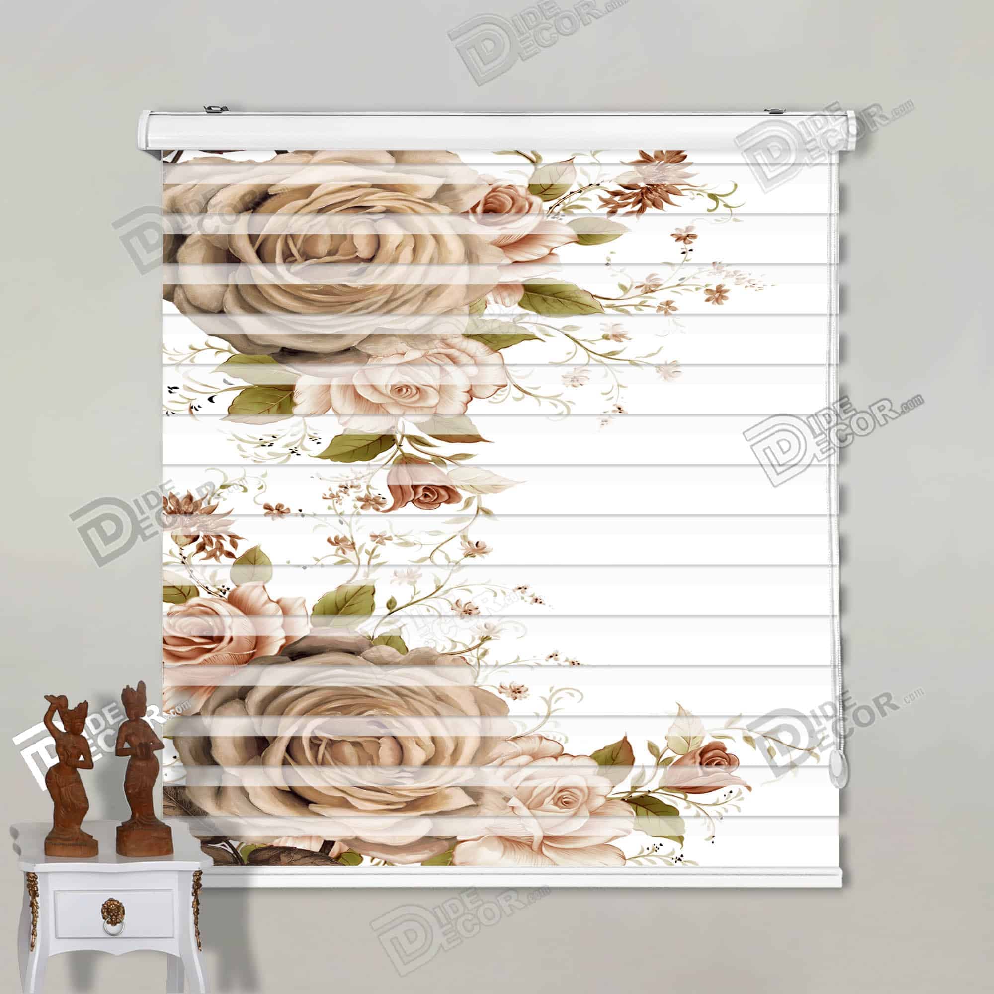 پرده زبرا تصویری کد 3df-069 - گل رز کرمی و رز صورتی با برگ طبیعی روی پرده زبرا دکوراتیو.