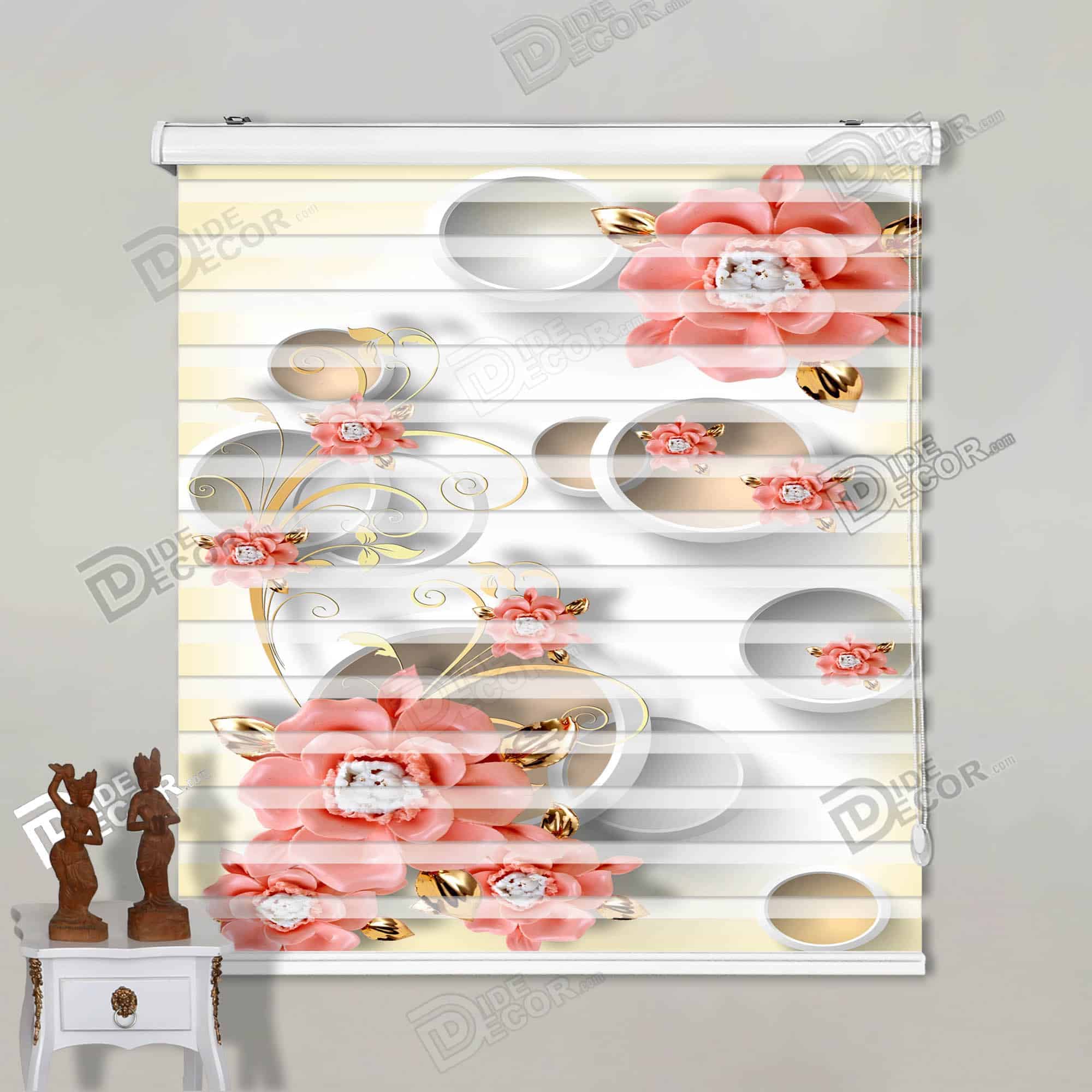 پرده زبرا تصویری کد 3df-078 - گل رز مرجانی برگ طلایی و اشکال دایره ای.