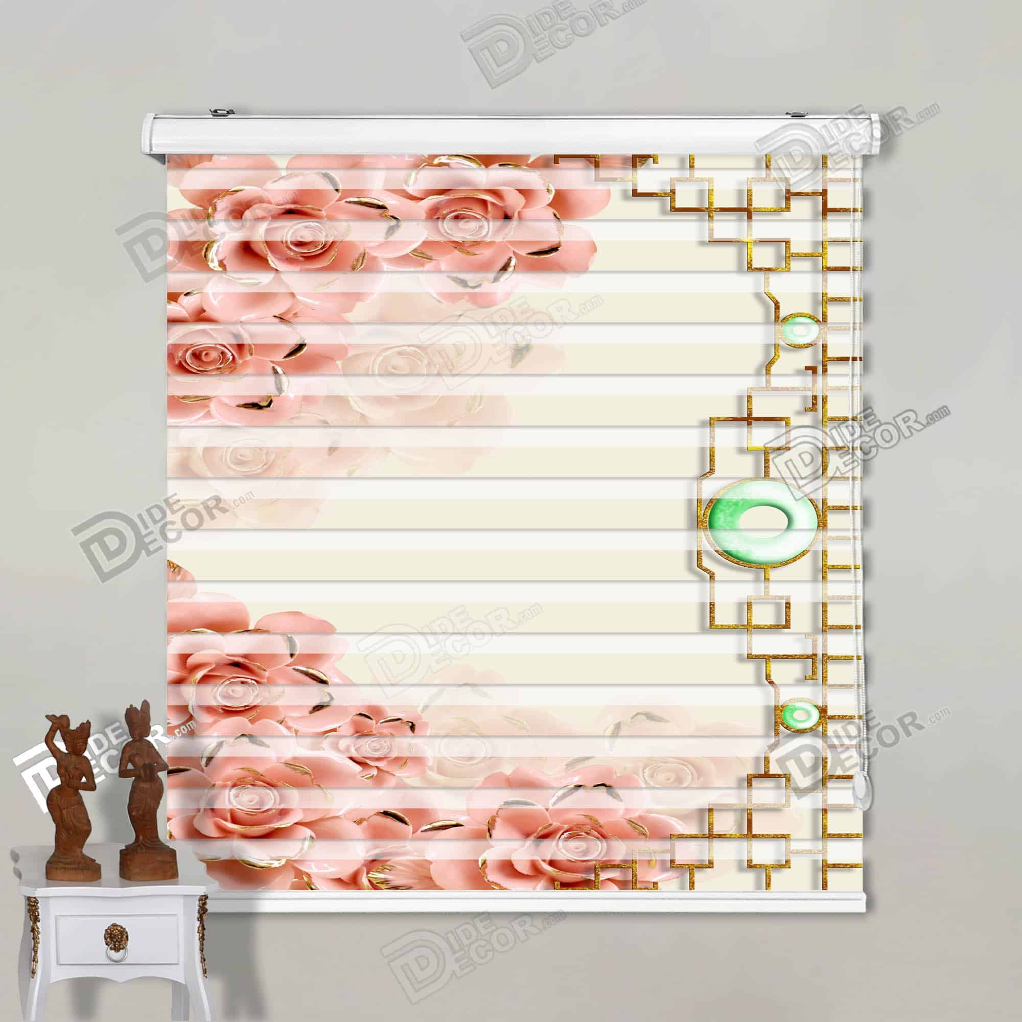 پرده زبرا تصویری کد 3df-088 - گل رز هندسی با دایره تزئینی صورتی طلایی.