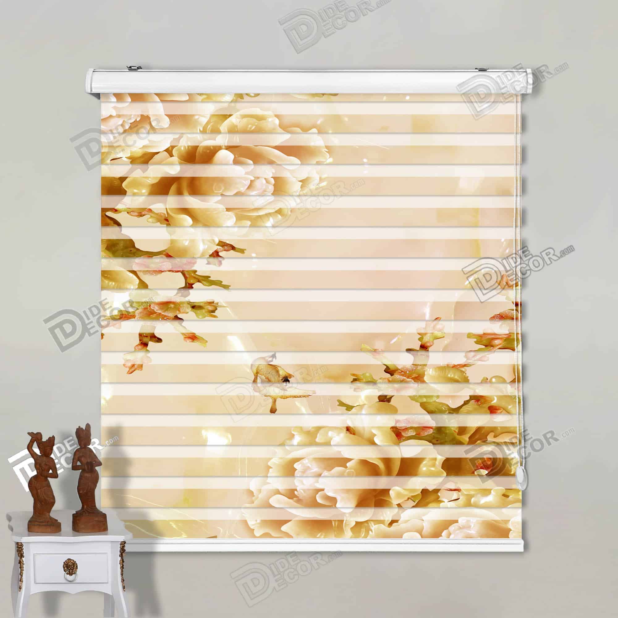 پرده زبرا تصویری کد 3df-092 - نمایش گل رز شکوفه بهاری با رنگ کرم و طلایی در طراحی لطیف داخلی.
