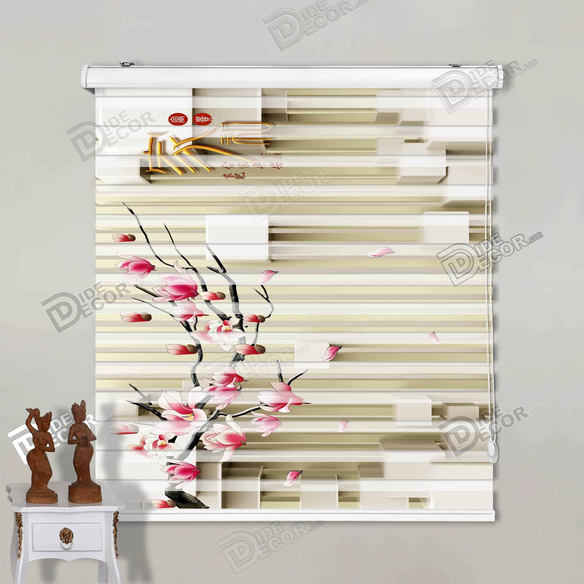 پرده زبرا تصویری کد 3df-094 - پرده زبرا طرح شکوفه مگنولیا شاخه درخت با گلبرگ صورتی و زمینه کرم.