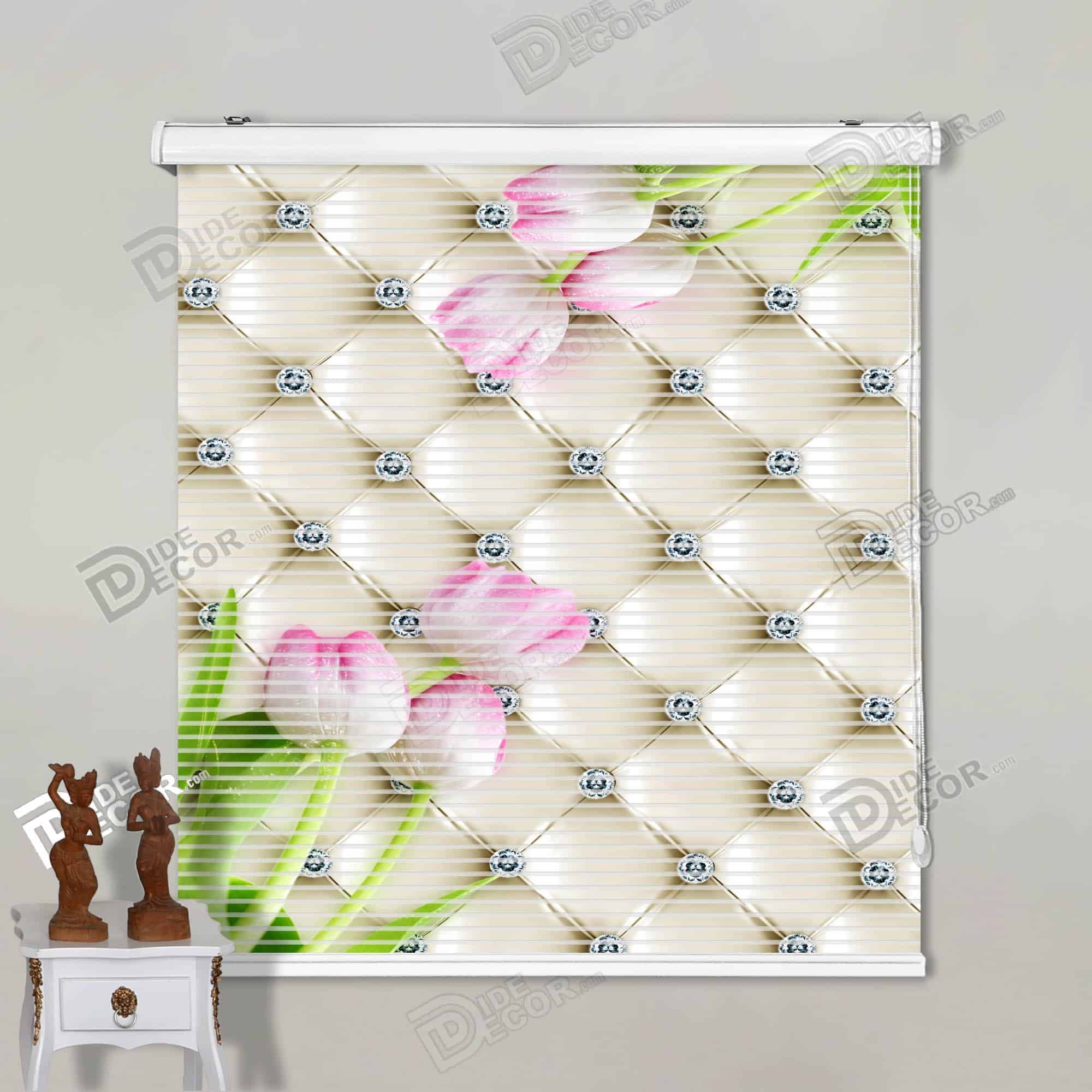پرده زبرا تصویری لاله صورتی کریستالی کد 3df-108