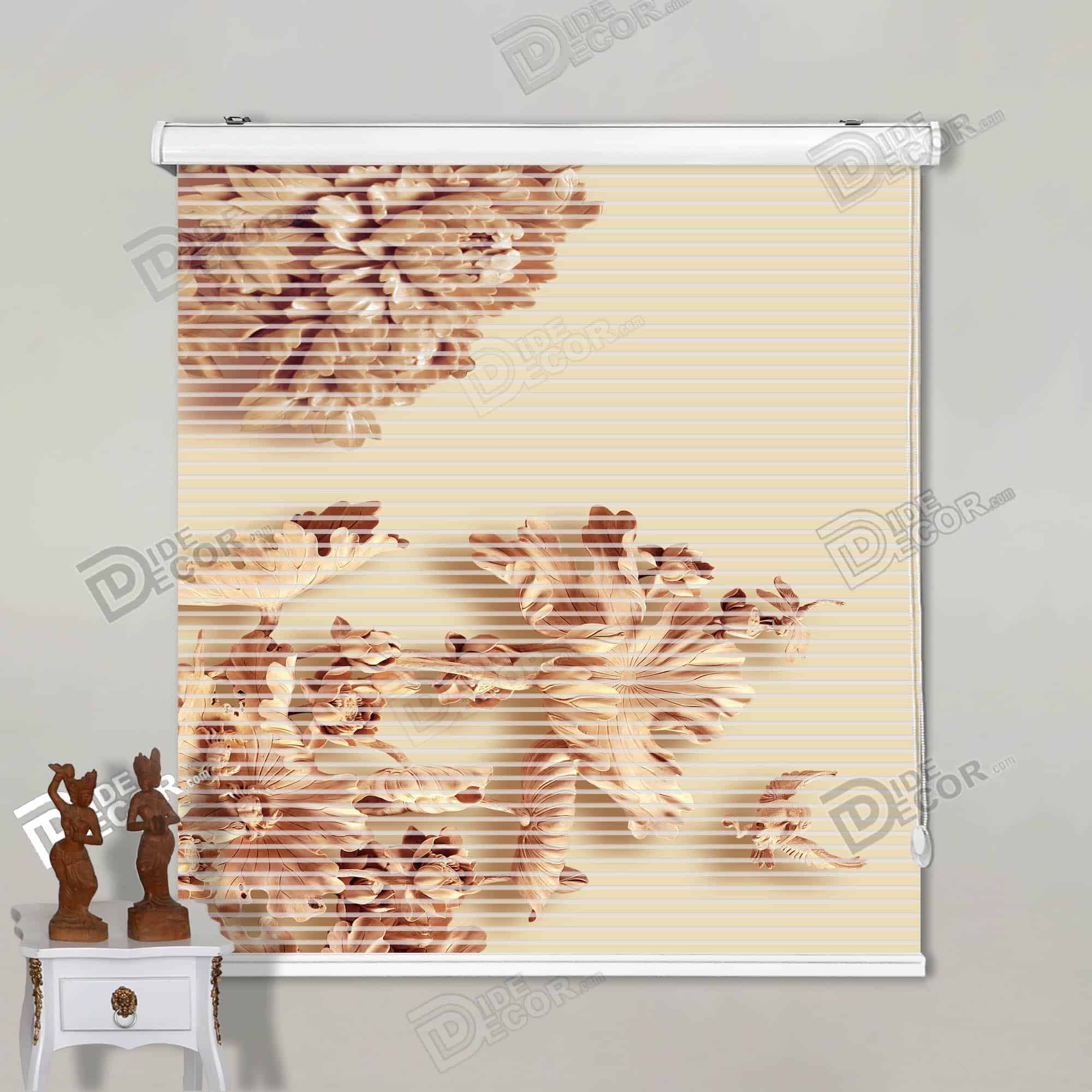 پرده زبرا تصویری پیونی بژ قهوه ای کد 3df-110