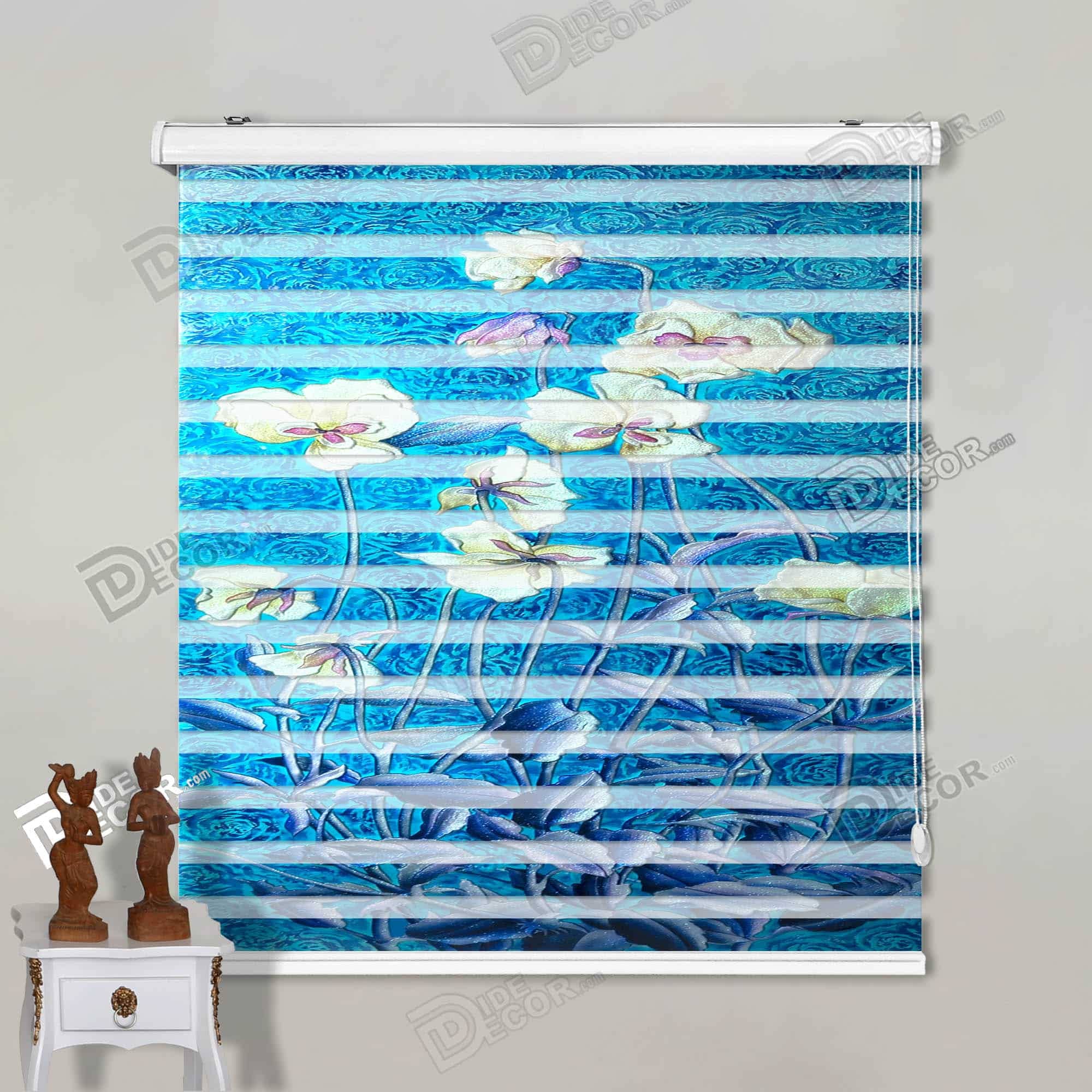 پرده زبرا تصویری کد 3df-118 - گل ارکیده فالنئوپسیس با پس زمینه آبی فیروزه ای و سفید.