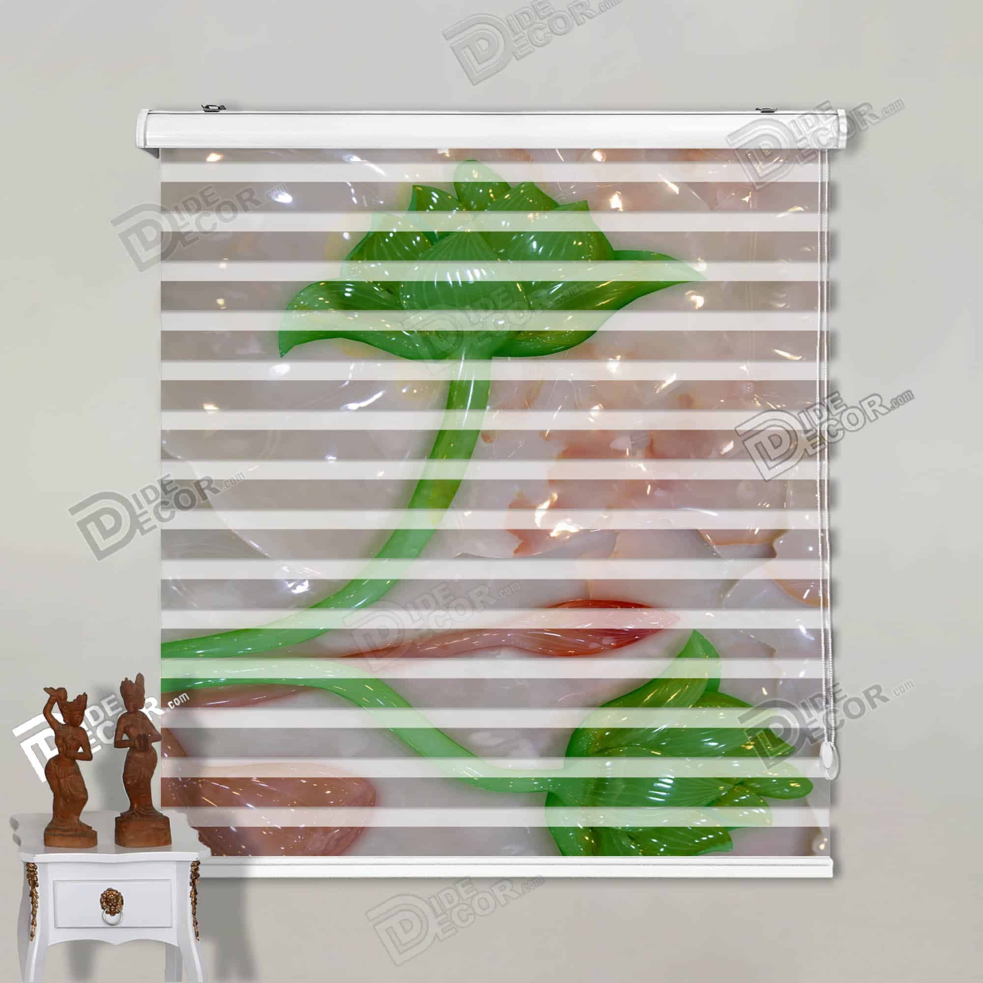 پرده زبرا تصویری کد 3df-139 - گل شیپوری شیشه ای و برگ شیشه ای سبز نارنجی.