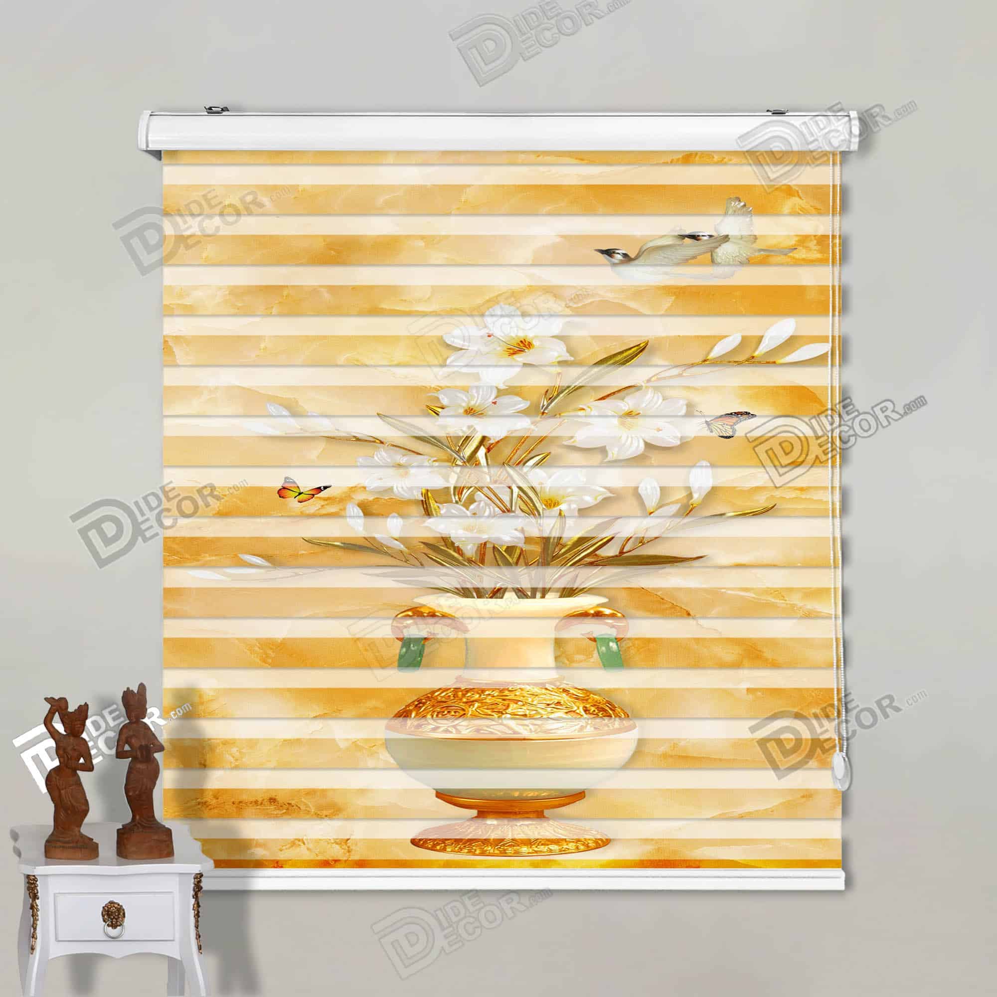 پرده زبرا تصویری کد 3df-142 - پرده زبرا با گلدان طلایی گل زنبق پروانه و پرستو با رنگ طلایی و سفید.