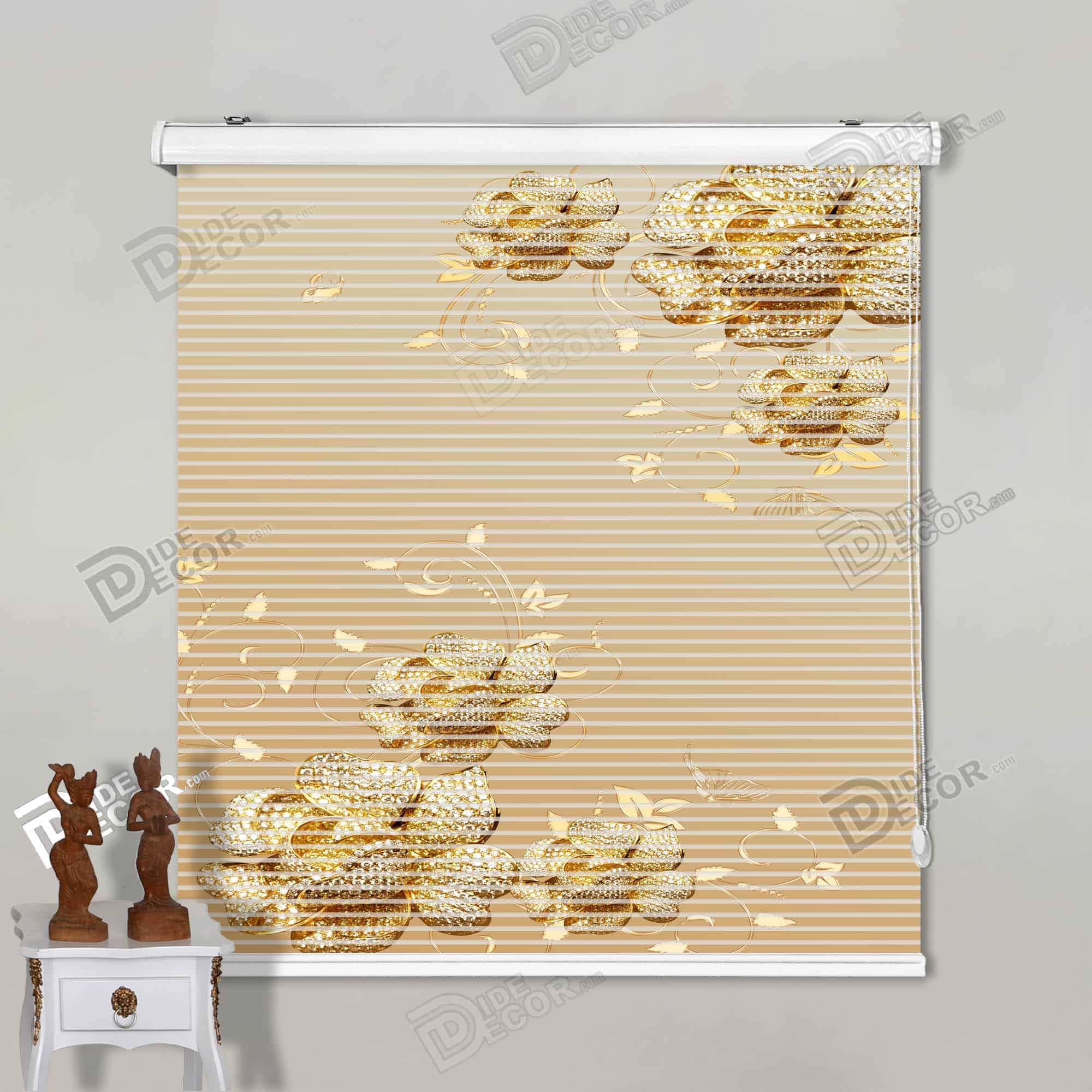 پرده زبرا تصویری گل رز طلایی کرم کد 3df-152