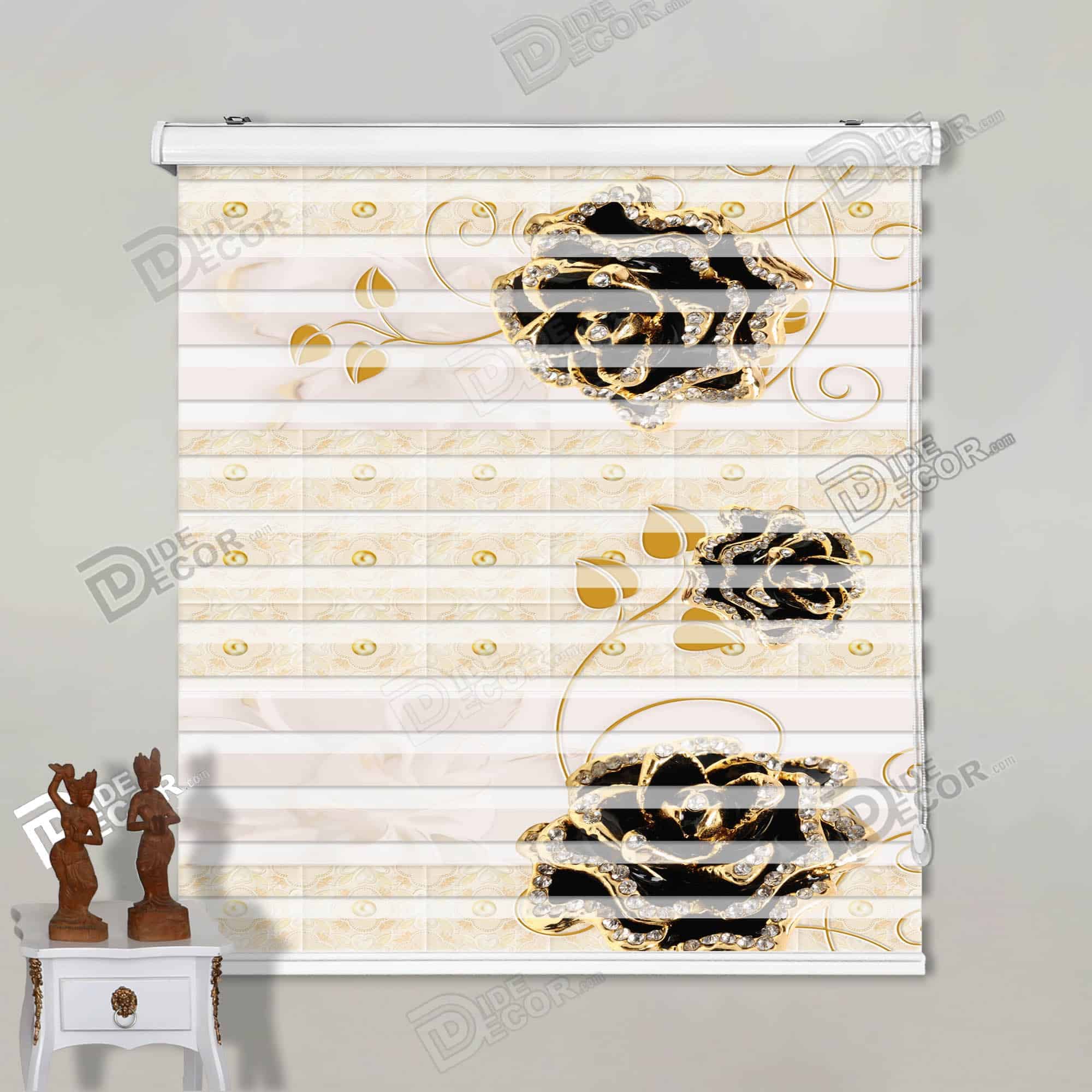 پرده زبرا تصویری کد 3df-160 - طرح رز مشکی با برگ طلایی پیچک هنری.