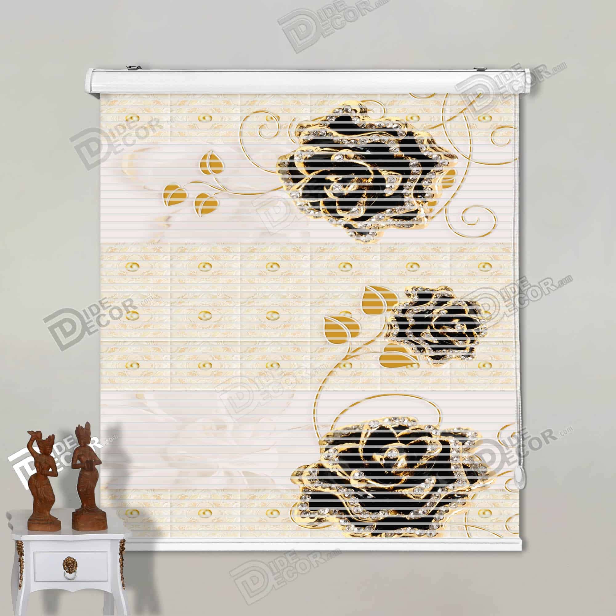 پرده زبرا تصویری رز مشکی برگ طلایی کد 3df-160