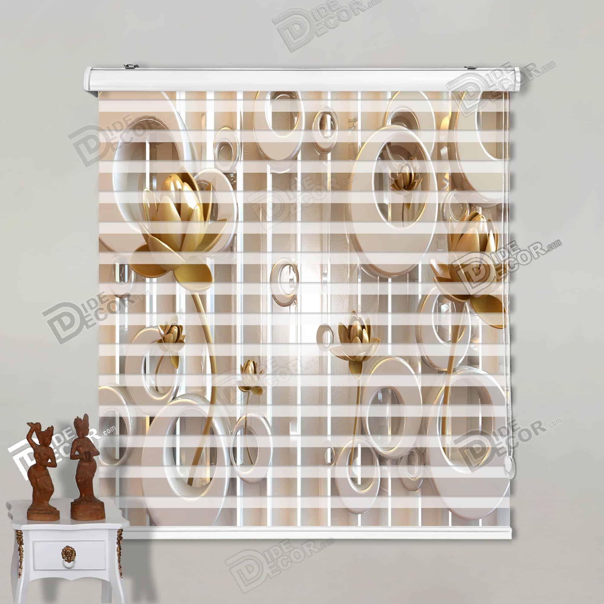 پرده زبرا تصویری کد 3df-174 - طرح گل لوتوس و حلقه دایره ای طلایی و سفید.
