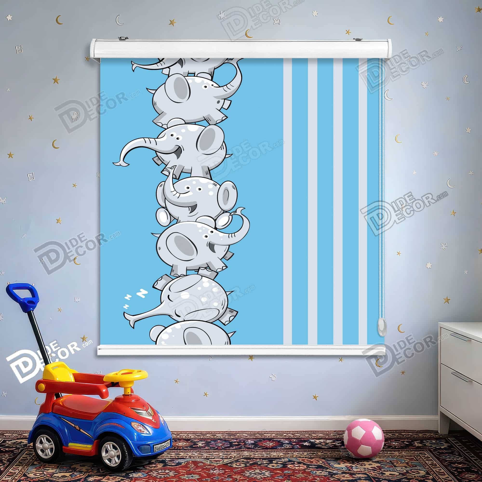پرده شید طرح کودک فیل کارتونی آبی سفید کد SK-05