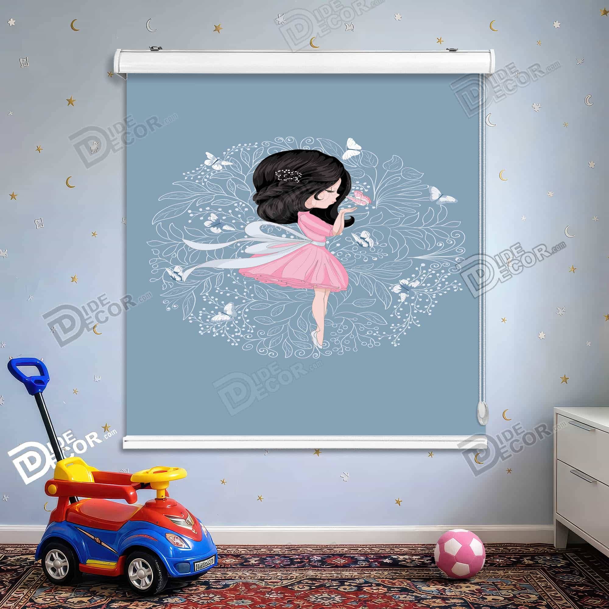پرده شید طرح کودک بالرین پروانه صورتی آبی کد SK-08