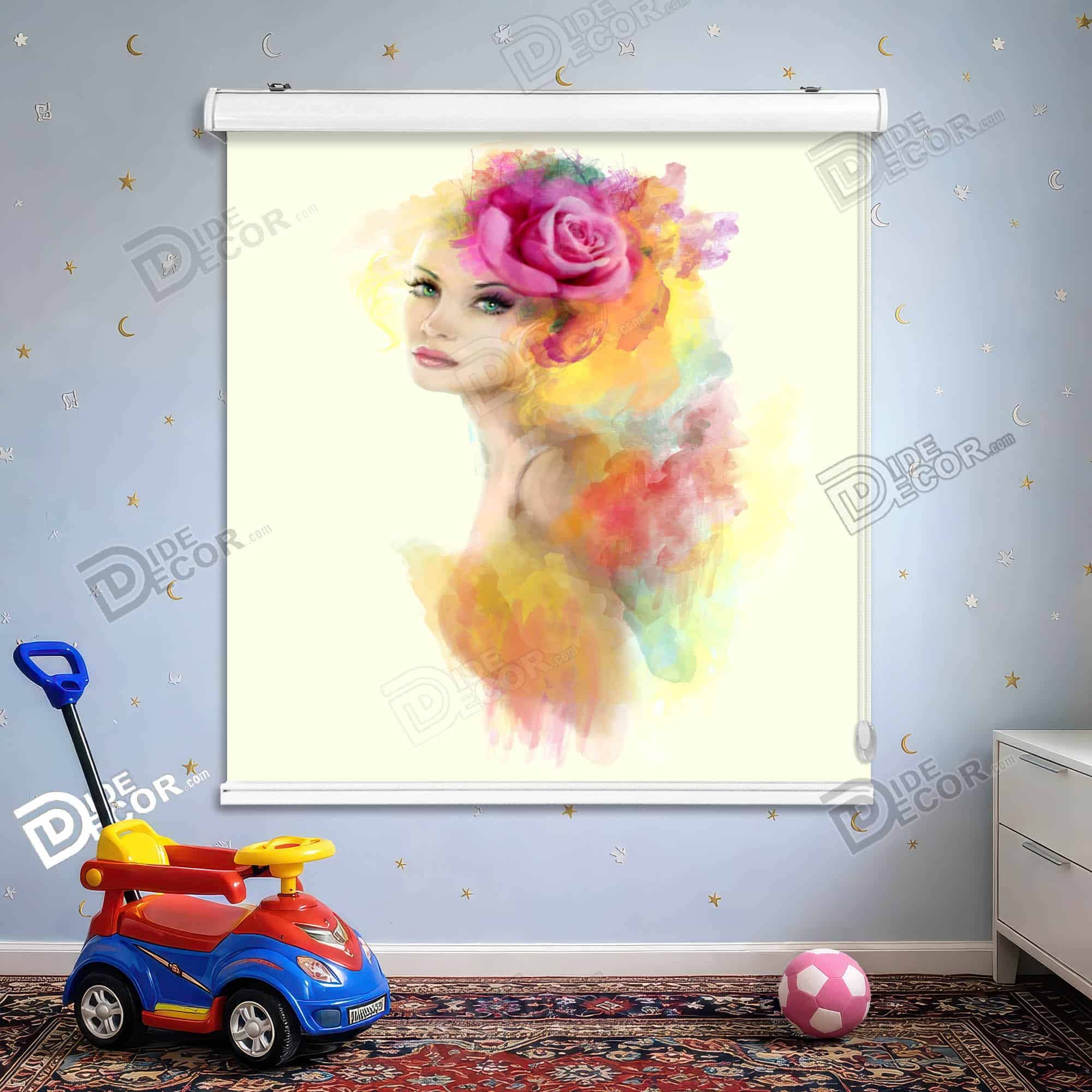 پرده شید طرح کودک کد sk-097 - گل رز چهره زن با لکه های آبرنگ صورتی زرد.