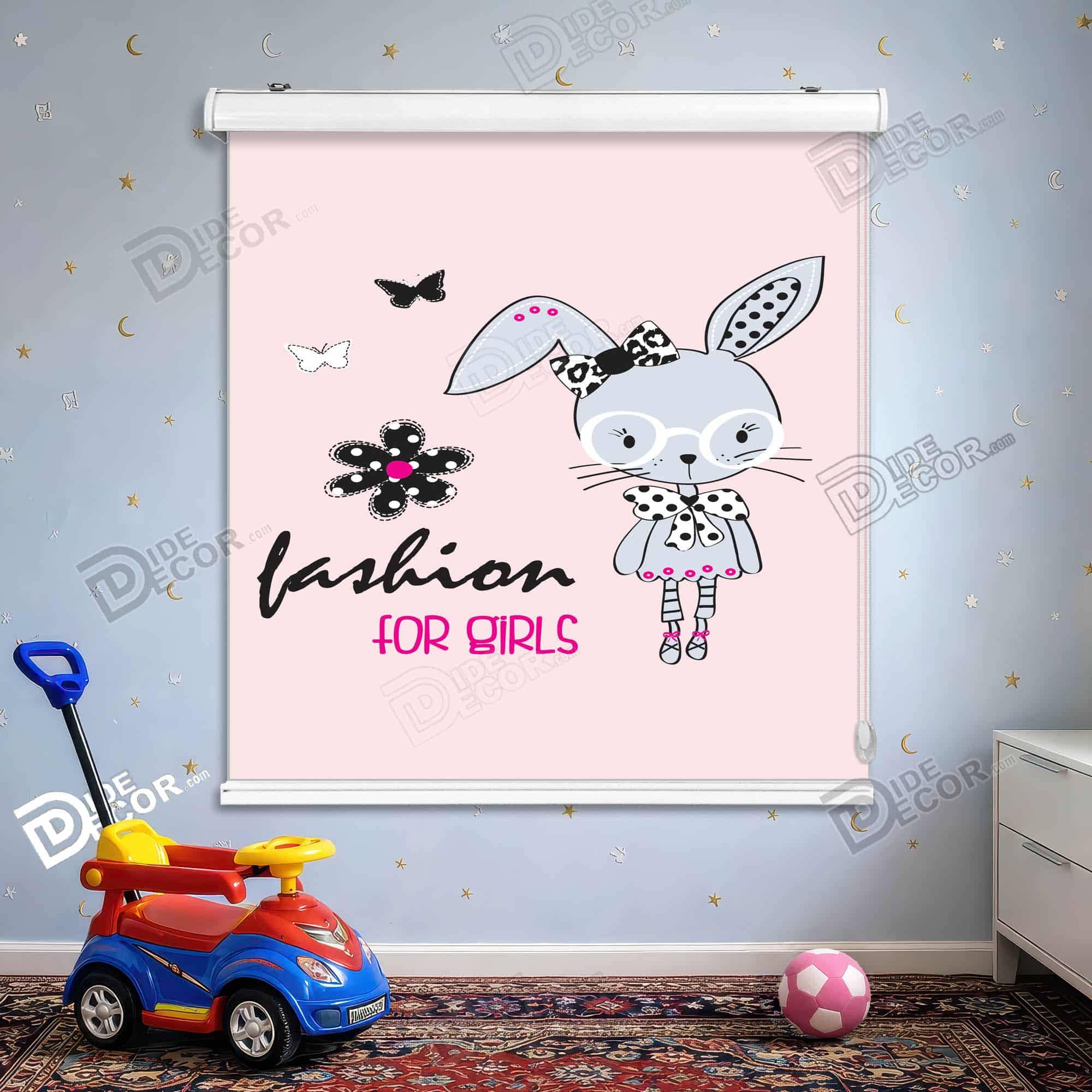 پرده شید طرح کودک کد sk-101 - خرگوش کارتونی پروانه با رنگ صورتی خاکستری.