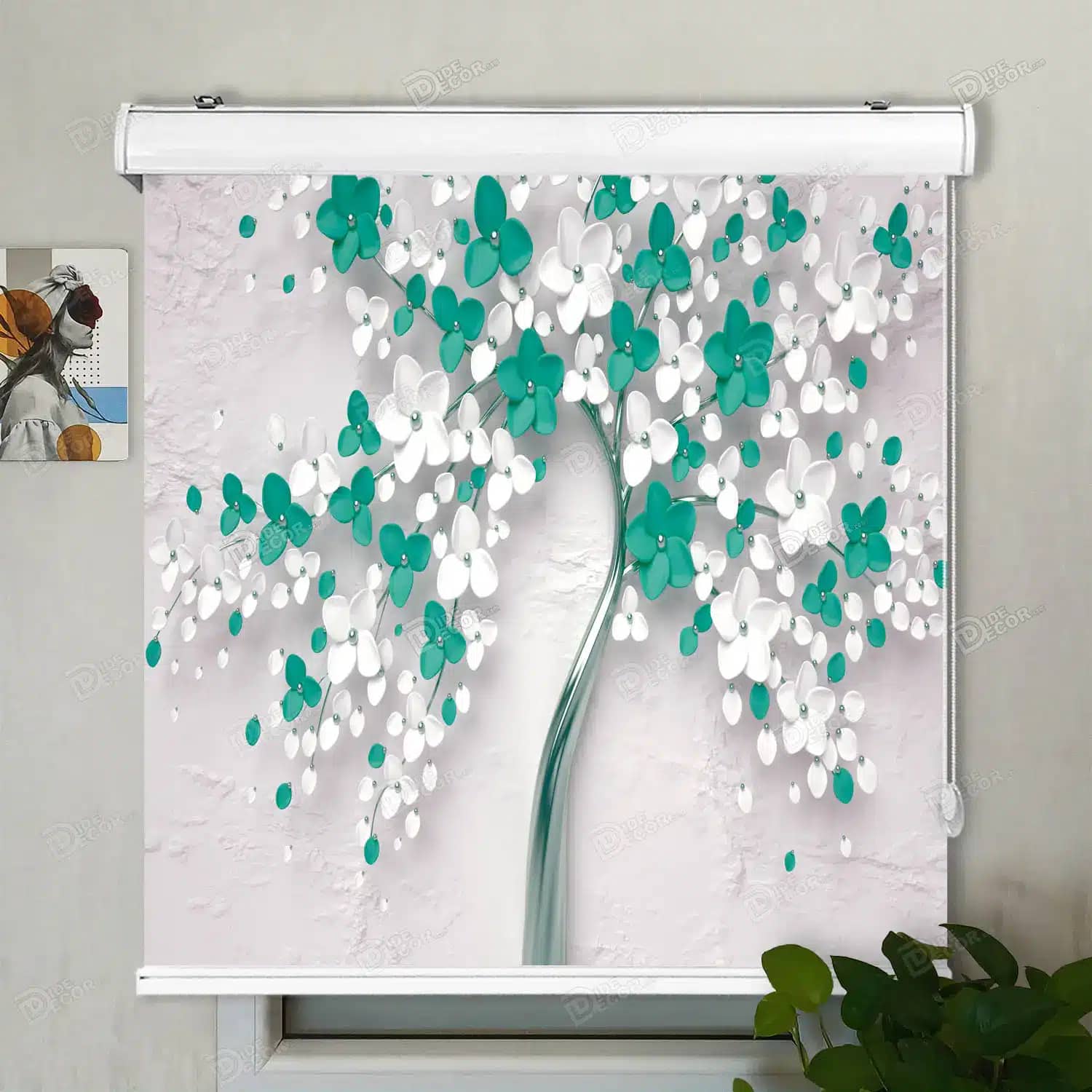 پرده شید تصویری چاپی درخت شکوفهٔ فیروزه‌ای سفید کد S010