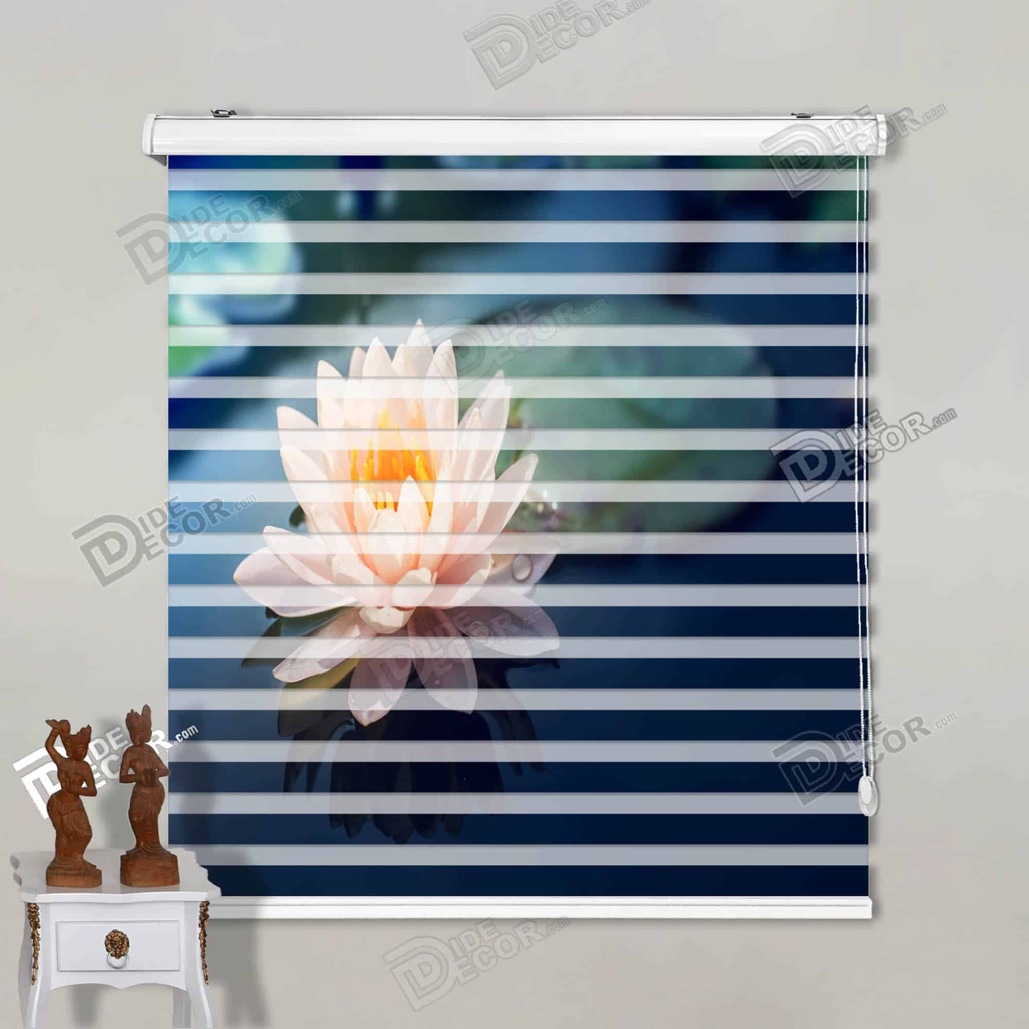 پرده زبرا تصویری چاپی گلدار گل نیلوفرآبی یا لوتوس در آب مرداب کد 3DF-126