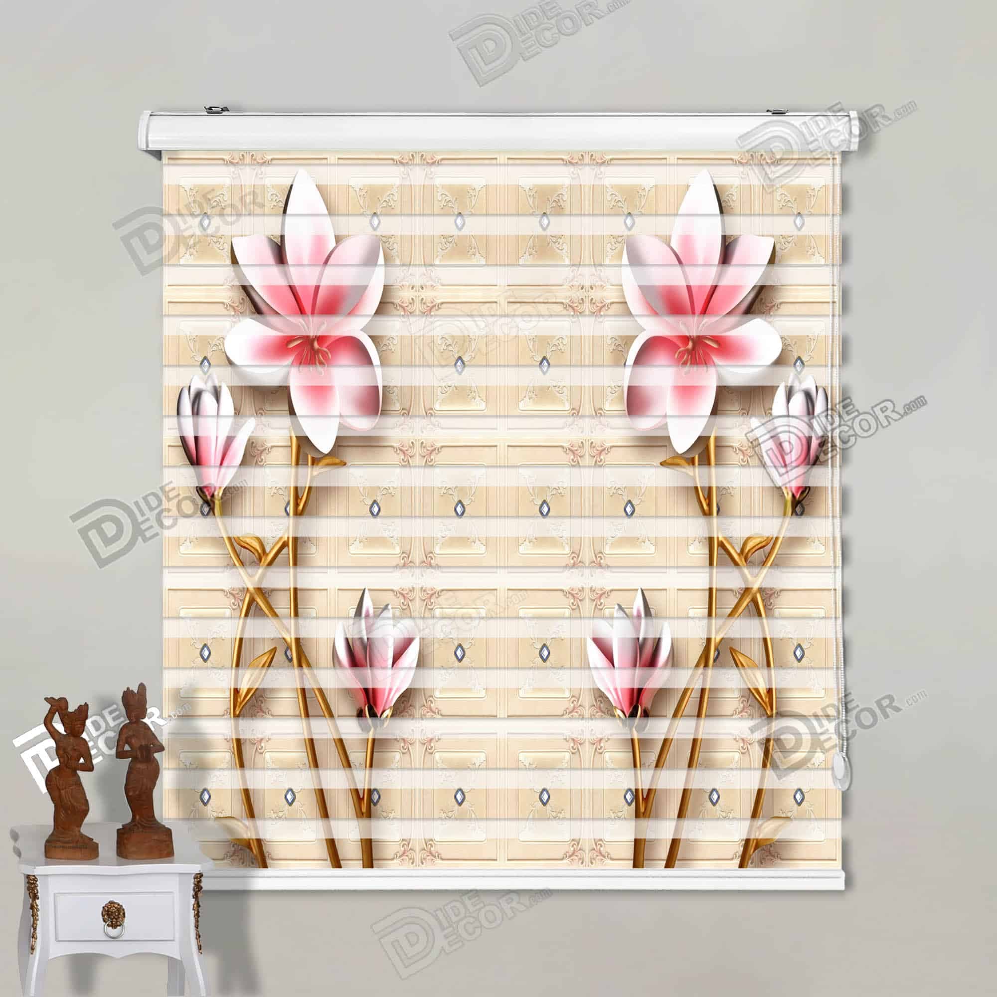 پرده زبرا چاپی تصویری کد 3DF-022 گل گلبهی و زمینه مربع‌ قهوه‌ای روشن