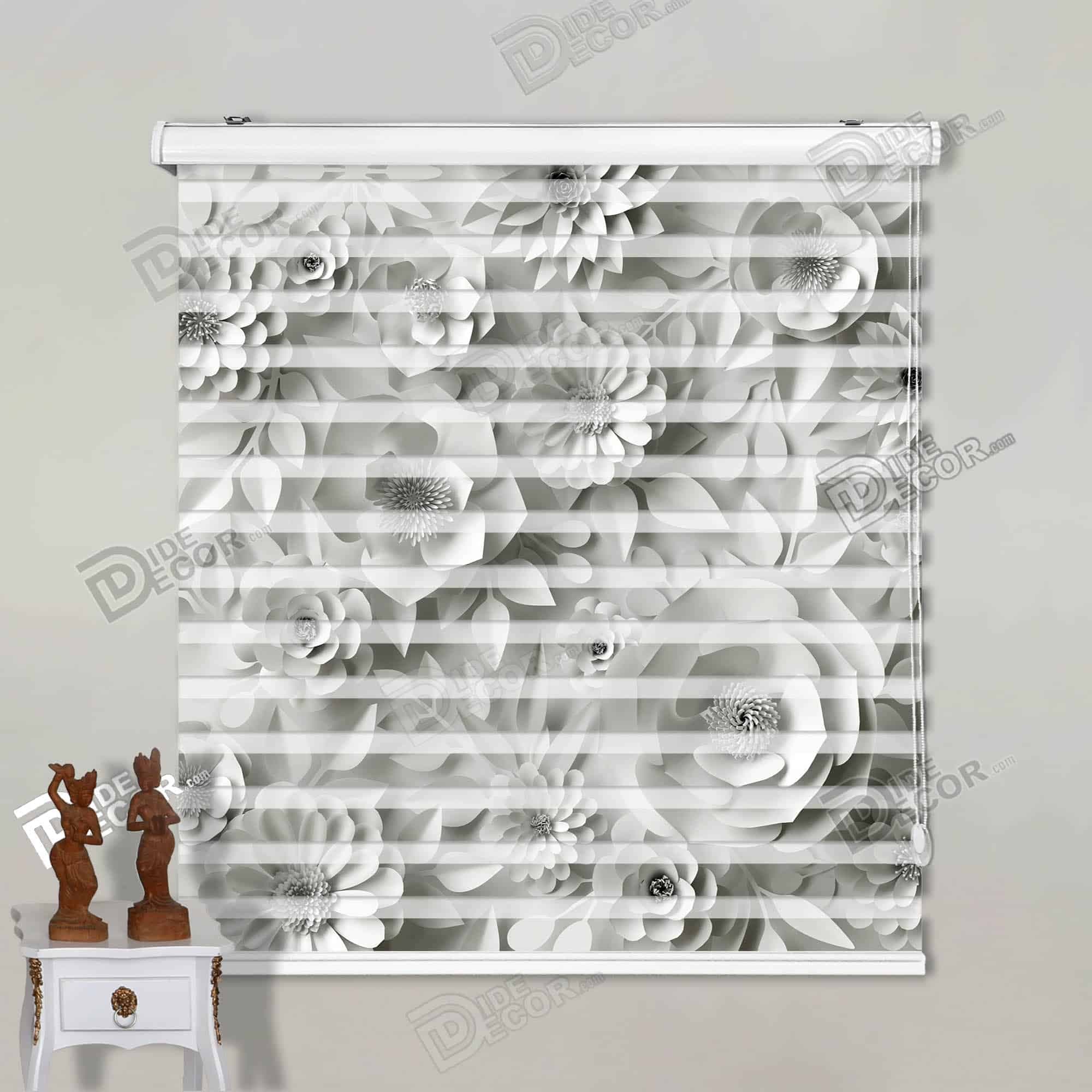 پرده زبرا تصویری چاپی گل دار طوسی روشن خاکستری کد 3DF-120