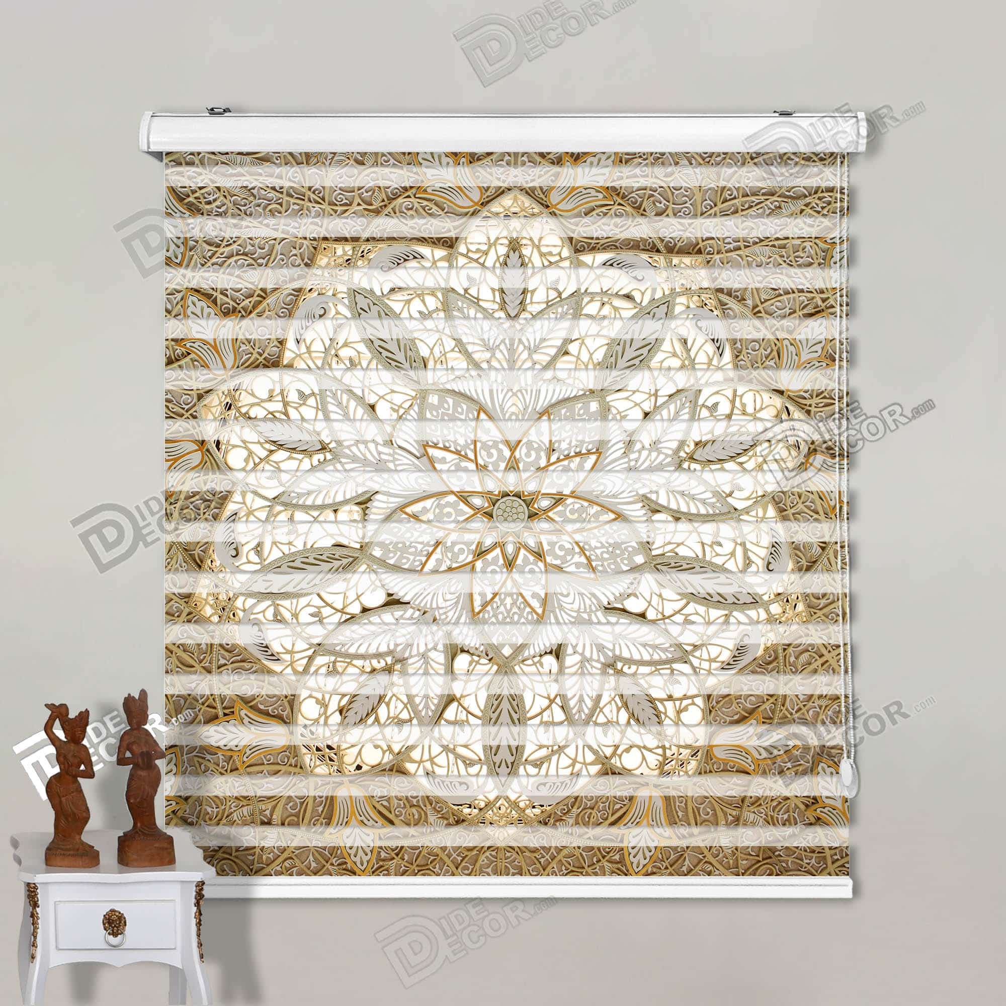 پرده زبرا چاپی تصویر سقف مسجد شیخ زاید ابوظبی با گل اسلیمی و قهوه ای رنگ کد 3DF-127