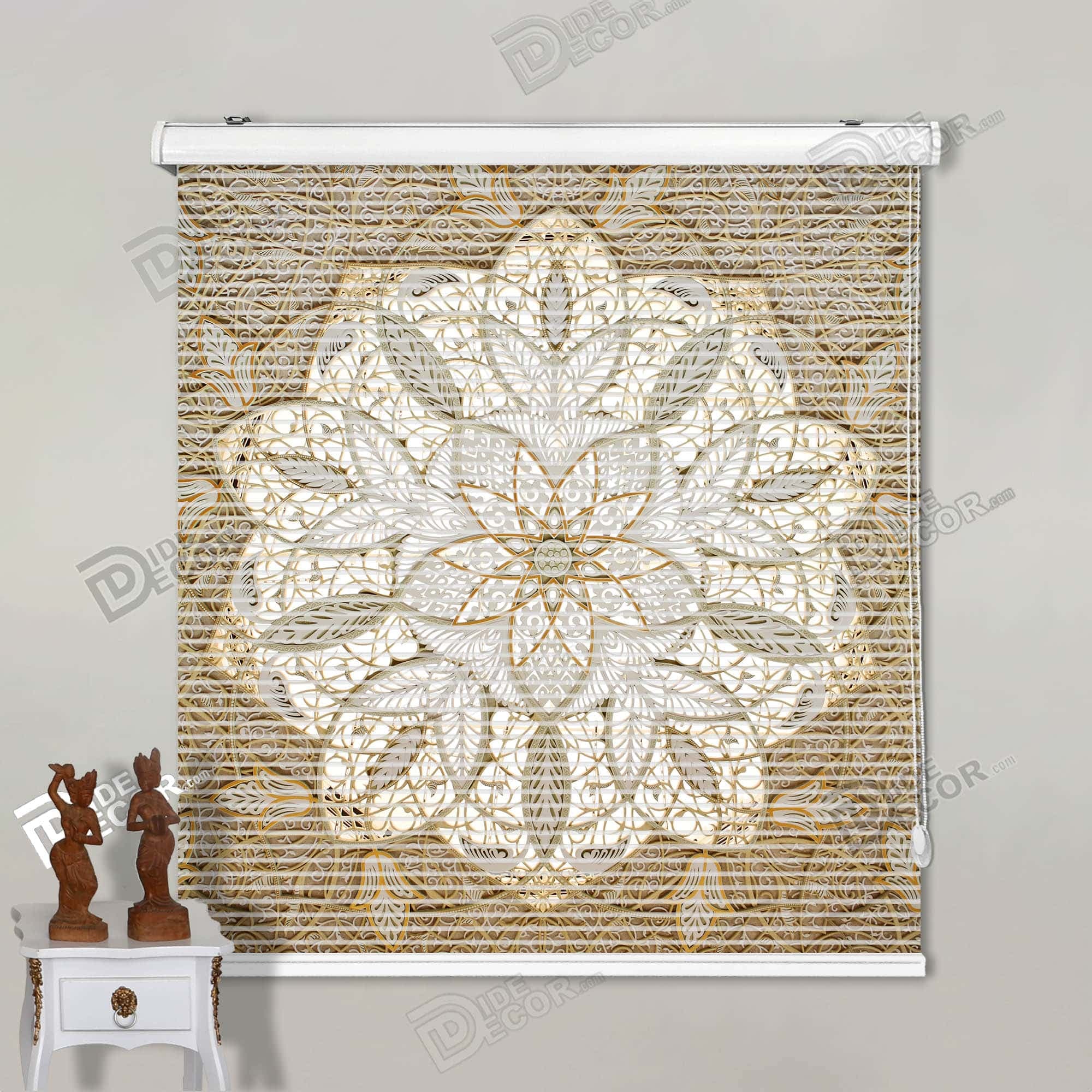 پرده زبرا چاپی تصویر سقف مسجد شیخ زاید ابوظبی با گل اسلیمی و قهوه ای رنگ کد 3DF-127
